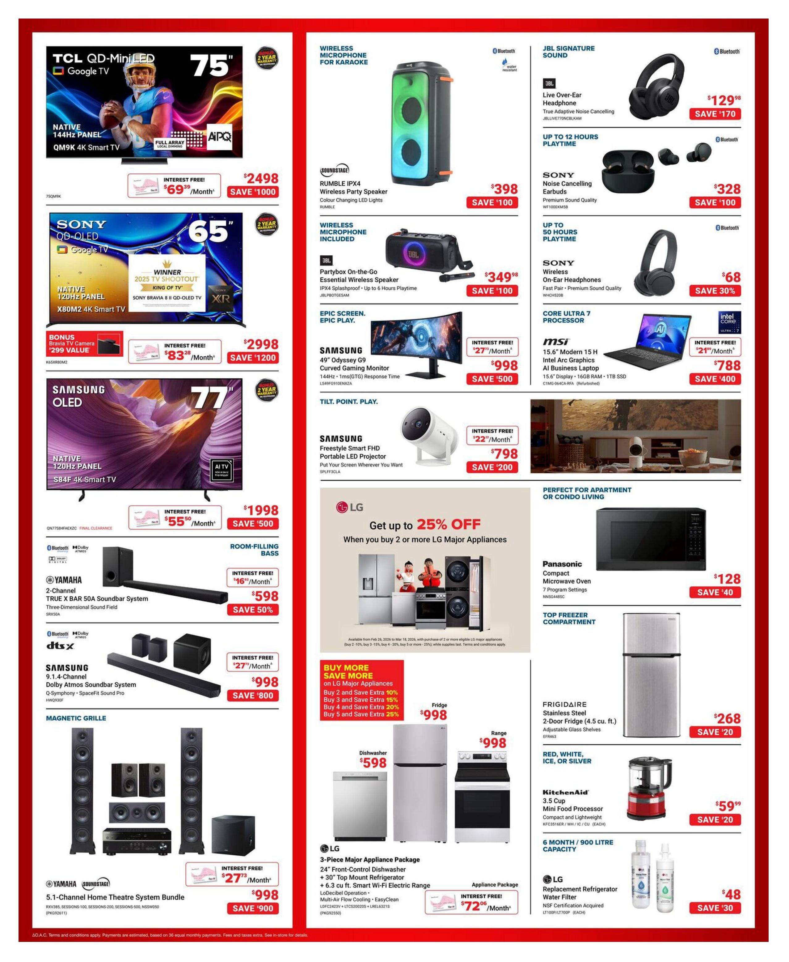 Visions Electronics weekly flyer specials page 2 features a variety of electronics and appliances. Top deals include a 75-inch TCL QD-MiniLED Google TV for $2498, saving $1000, and a 65-inch Sony QD-OLED Google TV with a bonus Bravia camera for $2998, saving $1200. Also available are a 77-inch Samsung OLED S84F 4K Smart TV for $1998, saving $500. Audio options include a Yamaha 2-channel TRUE X BAR 50A Soundbar System for $598, saving 50%, and a Yamaha 5.1-channel Home Theatre System Bundle for $998, saving $900. For gaming and entertainment, find a Samsung 49-inch Odyssey G9 Curved Gaming Monitor for $998, saving $500, and a Samsung Freestyle Smart FHD Portable LED Projector for $798, saving $200. Wireless audio devices are on sale: a Soundstage Rumble IPX4 Wireless Party Speaker for $398, saving $100, and a JBL Partybox On-the-Go Essential Wireless Speaker for $349.98, saving $100. JBL Signature Sound Live Over-Ear Headphones are $129.98, saving $170, and Sony Wireless Noise Cancelling Earbuds are $328, saving $100. Sony Wireless On-Ear Headphones are $68, saving $30. A MSI 15.6-inch Modern 15 H AI Business Laptop with Intel Arc Graphics is $788, saving $400. LG Appliances are featured with a 'Buy More Save More' offer, including a 24-inch Front-Control Dishwasher for $598, a Fridge for $998, and a Range for $998. A Panasonic Compact Microwave Oven is $128, saving $40. A Frigidaire Stainless Steel 2-Door Fridge (4.5 cu. ft.) is $268, saving $20. The KitchenAid 3.5 Cup Mini Food Processor is $59.99, saving $20. LG Replacement Refrigerator Water Filters are $48, saving $30.