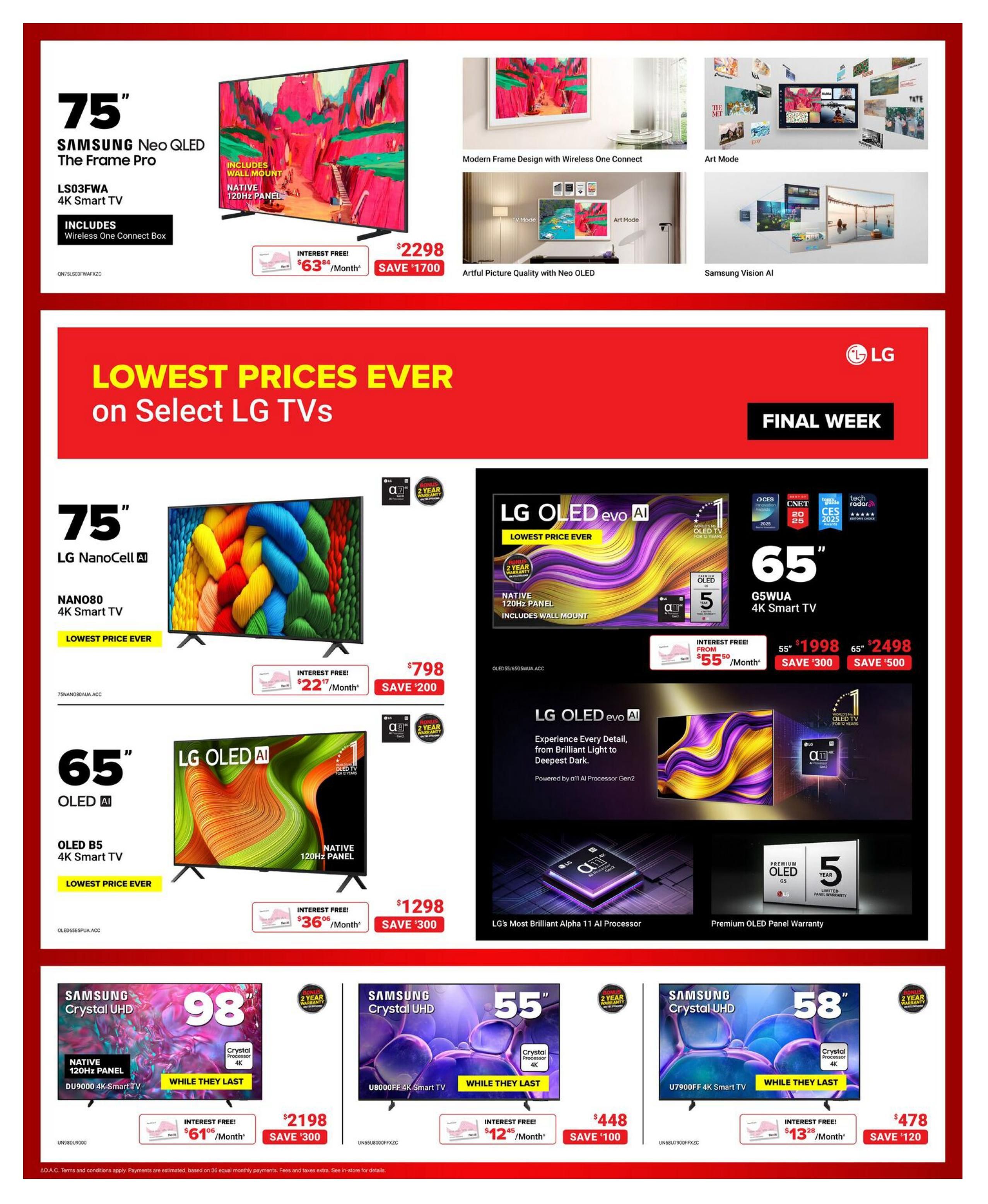 Visions Electronics weekly flyer specials page 4 features a Samsung 75' Neo QLED The Frame Pro LS03FWA 4K Smart TV with Wireless One Connect Box for $2298, saving $1700. The page also highlights 'Lowest Prices Ever on Select LG TVs' with a 'Final Week' promotion. Featured LG TVs include a 75' NanoCell AI NANO80 4K Smart TV for $798, saving $200; a 65' OLED B5 4K Smart TV for $1298, saving $300; a 65' GSWUA 4K Smart TV for $1998, saving $300, and a 65' model for $2498, saving $500. Additionally, there are Samsung Crystal UHD TVs: a 98' DU9000 4K Smart TV for $2198, saving $300; a 55' U8000FF 4K Smart TV for $448, saving $100; and a 58' U7900FF 4K Smart TV for $478, saving $120. Interest-free financing options are available on select models.