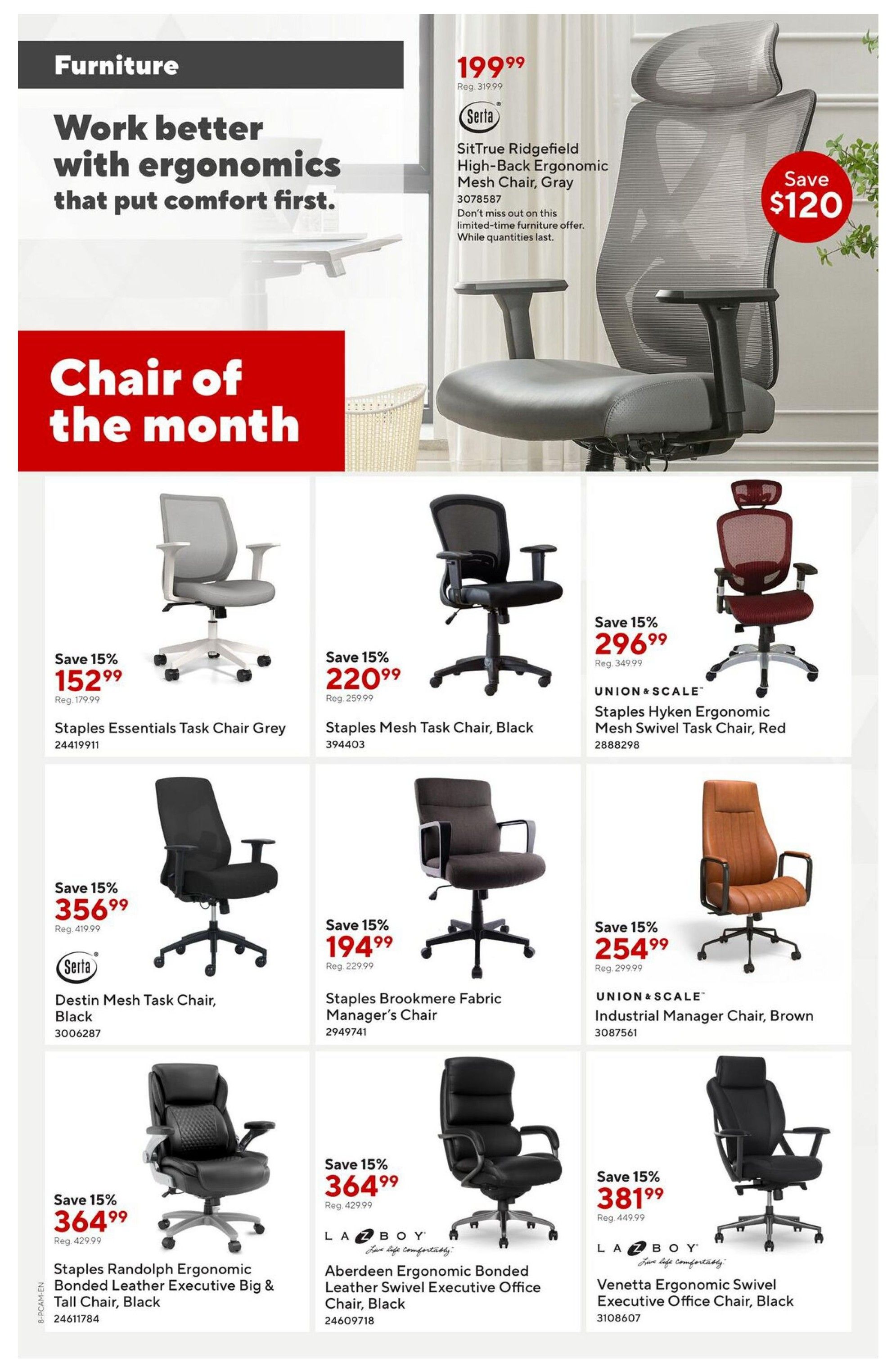 Staples Furniture flyer page 8, featuring 'Chair of the month' and 'Work better with ergonomics that put comfort first.' The Serta SitTrue Ridgefield High-Back Ergonomic Mesh Chair in Gray is on sale for $199.99, a $120 saving from the regular price of $319.99. Other featured chairs include the Staples Essentials Task Chair Grey for $152.99 (save 15%), Staples Mesh Task Chair Black for $220.99 (save 15%), Staples Hyken Ergonomic Mesh Swivel Task Chair Red for $296.99 (save 15%), Serta Destin Mesh Task Chair Black for $356.99 (save 15%), Staples Brookmere Fabric Manager's Chair for $194.99 (save 15%), UNION & SCALE Industrial Manager Chair Brown for $254.99 (save 15%), Staples Randolph Ergonomic Bonded Leather Executive Big & Tall Chair Black for $364.99 (save 15%), La-Z-Boy Aberdeen Ergonomic Bonded Leather Swivel Executive Office Chair Black for $364.99 (save 15%), and La-Z-Boy Venetta Ergonomic Swivel Executive Office Chair Black for $381.99 (save 15%).