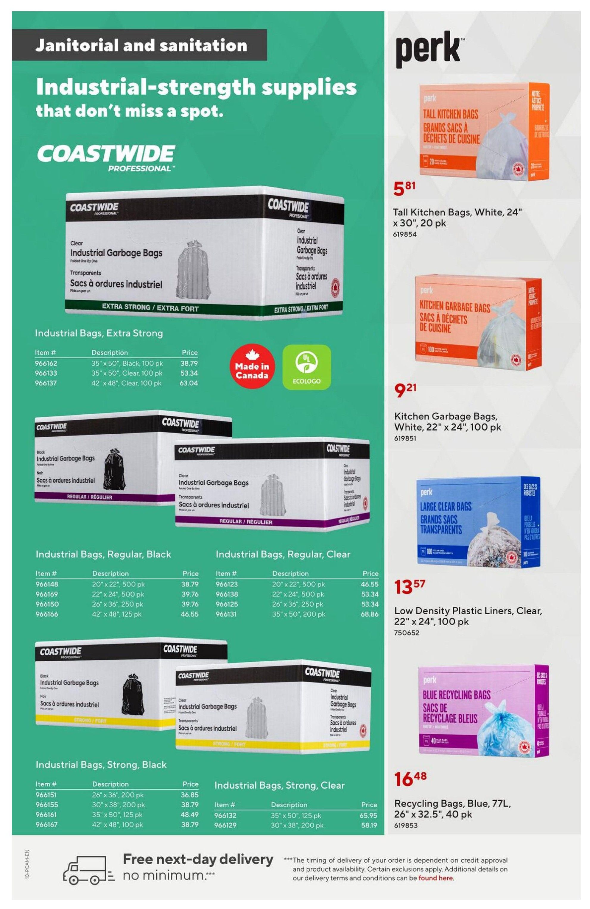 Staples Preferred Flyer page 10 features janitorial and sanitation supplies. The page highlights Coastwide Professional Industrial-strength garbage bags. Extra Strong Clear Industrial Garbage Bags are available in 35' x 50', 100 pk for $38.79, 35' x 50', 100 pk Clear for $53.34, and 42' x 48', Clear, 100 pk for $63.04. Regular Black Industrial Garbage Bags include sizes like 20' x 22', 500 pk for $38.79, 22' x 24', 500 pk for $39.76, 26' x 36', 250 pk for $39.76, and 42' x 48', 125 pk for $46.55. Regular Clear Industrial Garbage Bags are also available in similar sizes and quantities. Strong Black Industrial Garbage Bags include 26' x 36', 200 pk for $36.85, 30' x 38', 200 pk for $38.79, 35' x 50', 125 pk for $48.49, and 42' x 48', 100 pk for $38.79. Strong Clear Industrial Garbage Bags are offered in 35' x 50', 125 pk for $65.95 and 30' x 38', 200 pk for $58.19. The page also features Perk brand products: Tall Kitchen Bags, White, 24' x 30', 20 pk for $5.81. Kitchen Garbage Bags, White, 22' x 24', 100 pk for $9.21. Low Density Plastic Liners, Clear, 22' x 24', 100 pk for $13.57. Recycling Bags, Blue, 77L, 26' x 32.5', 40 pk for $16.48. The page also advertises free next-day delivery with no minimum purchase required.
