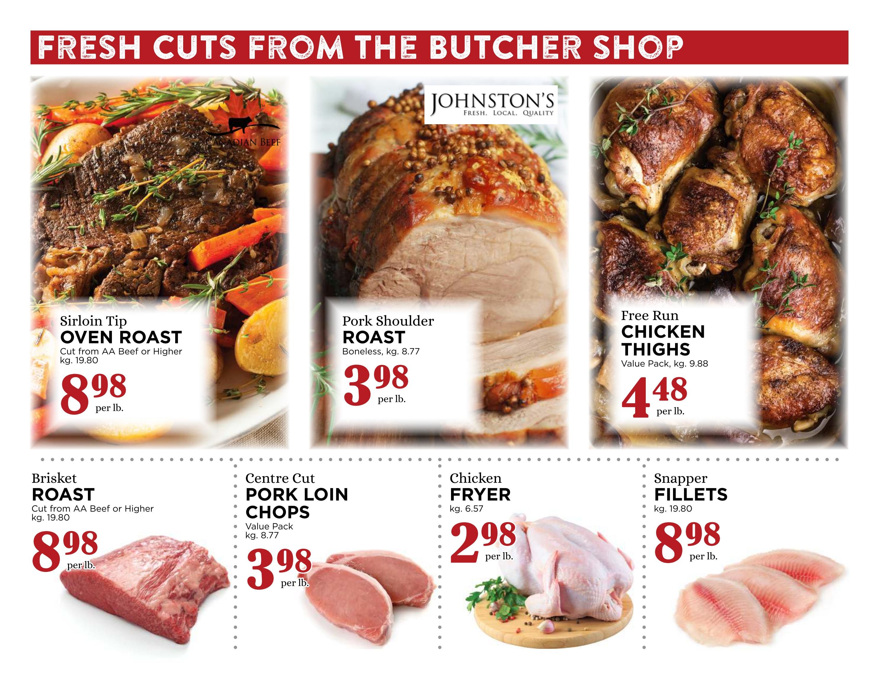 Pemberton Valley Supermarket weekly flyer specials page 2 features fresh cuts from the butcher shop. Top row includes Sirloin Tip Oven Roast, cut from AA Beef or higher, at $8.98 per lb. (kg. 19.80). Johnston's Pork Shoulder Roast (boneless) is $3.98 per lb. (kg. 8.77). Free Run Chicken Thighs (value pack) are $4.48 per lb. (kg. 9.88). Bottom row features Brisket Roast, cut from AA Beef or higher, at $8.98 per lb. (kg. 19.80). Centre Cut Pork Loin Chops (value pack) are $3.98 per lb. (kg. 8.77). Chicken Fryer is $2.98 per lb. (kg. 6.57). Snapper Fillets are $8.98 per lb. (kg. 19.80).