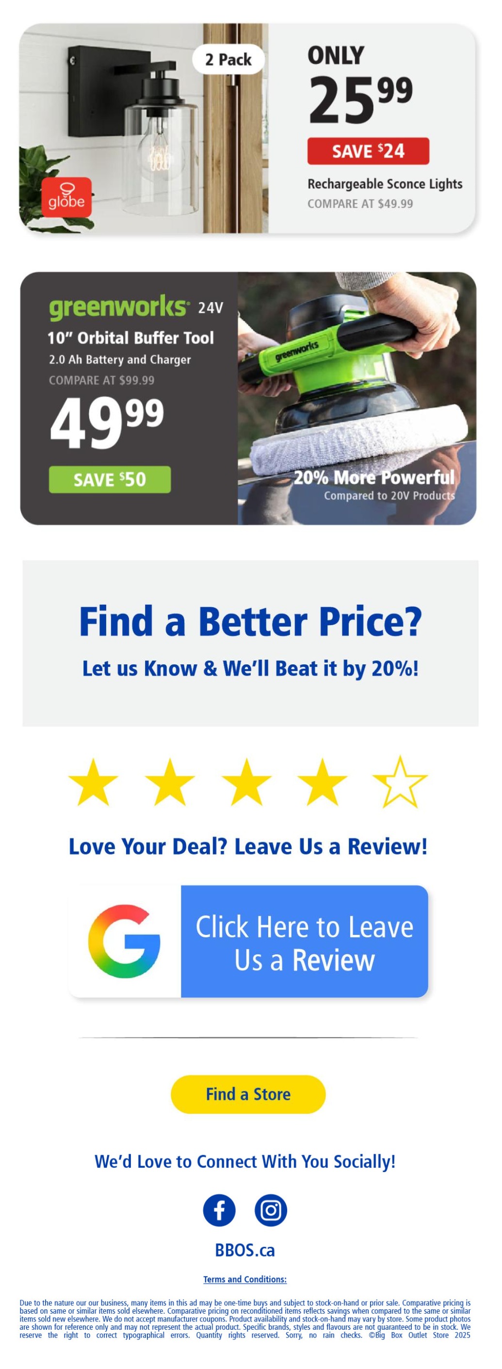 Big Box Outlet Store flyer specials page 3 features a 2-pack of Globe Rechargeable Sconce Lights for only $25.99, saving $24 off the compare-at price of $49.99. Also featured is a Greenworks 24V 10' Orbital Buffer Tool with 2.0 Ah battery and charger for $49.99, saving $50 off the compare-at price of $99.99. This tool is 20% more powerful compared to 20V products. The page also includes a section to 'Find a Better Price?' and 'Let us Know & We'll Beat it by 20%!', a prompt to 'Love Your Deal? Leave Us a Review!' with a link to Google reviews, a 'Find a Store' button, and social media links for Facebook and Instagram, along with the website BBOS.ca and terms and conditions.