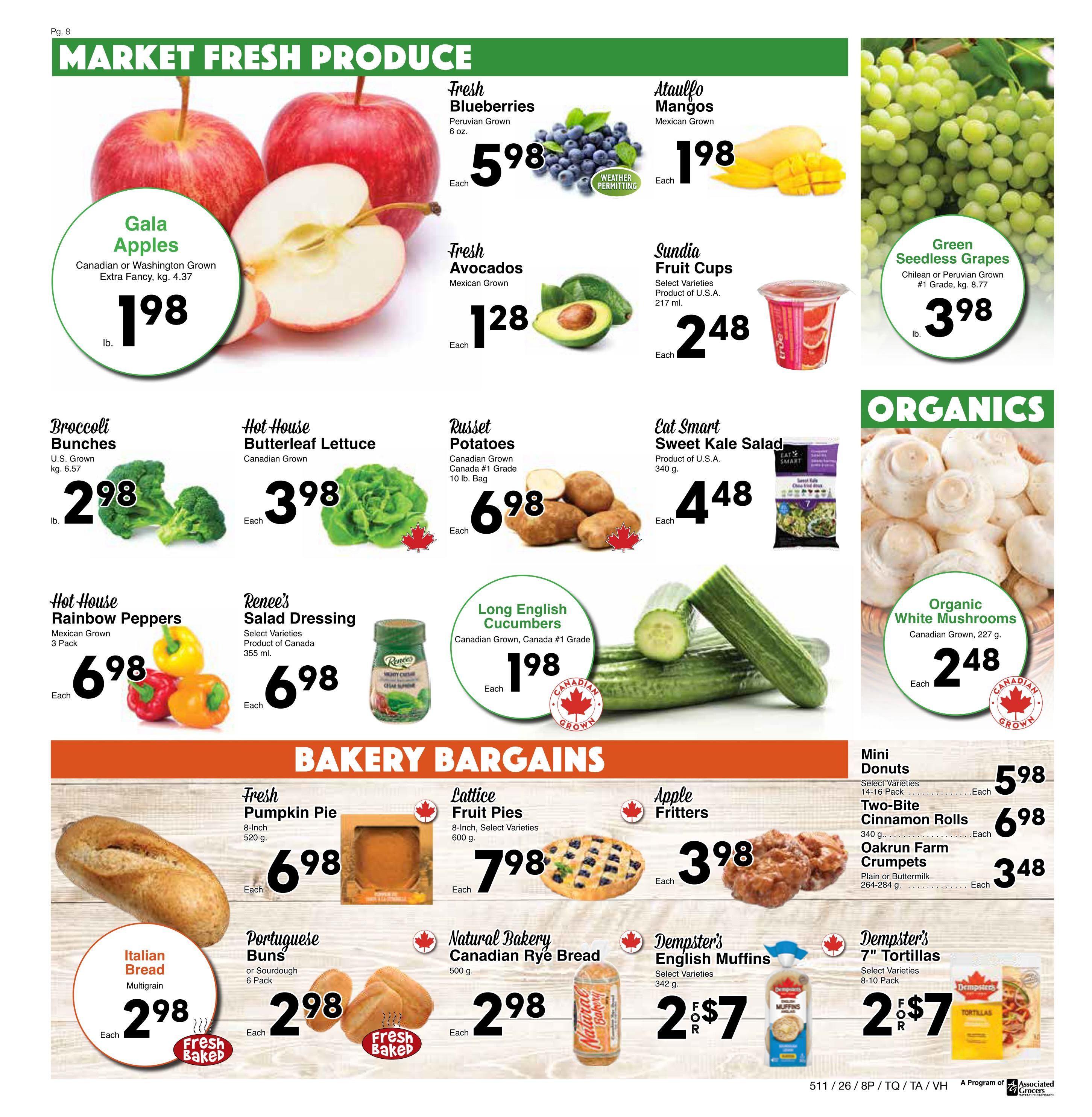 Western Foods weekly flyer specials page 8 features market fresh produce and bakery bargains. Produce includes Gala Apples for $1.98/lb, Peruvian Grown Blueberries for $5.98 each, Ataulfo Mangos for $1.98 each, Mexican Grown Fresh Avocados for $1.28 each, Sundia Fruit Cups for $2.48 each, Chilean or Peruvian Grown Green Seedless Grapes for $3.98/lb. Also available are U.S. Grown Broccoli Bunches for $2.98/lb, Canadian Grown Hot House Butterleaf Lettuce for $3.98 each, Canadian Grown Russet Potatoes 10 lb. bag for $6.98 each, Eat Smart Sweet Kale Salad for $4.48 each, Mexican Grown Hot House Rainbow Peppers 3 Pack for $6.98 each, Canadian Grown Long English Cucumbers for $1.98 each, and Organic White Mushrooms for $2.48 each. Bakery bargains include Fresh Pumpkin Pie 8-inch for $6.98 each, Lattice Fruit Pies 8-inch for $7.98 each, Apple Fritters for $3.98 each, Italian Bread Multigrain for $2.98 each, Portuguese Buns or Sourdough 6 Pack for $2.98 each, Natural Bakery Canadian Rye Bread 500g for $2.98 each, Dempster's English Muffins Select Varieties 342g for 2 for $7, and Dempster's 7' Tortillas Select Varieties 8-10 Pack for 2 for $7.