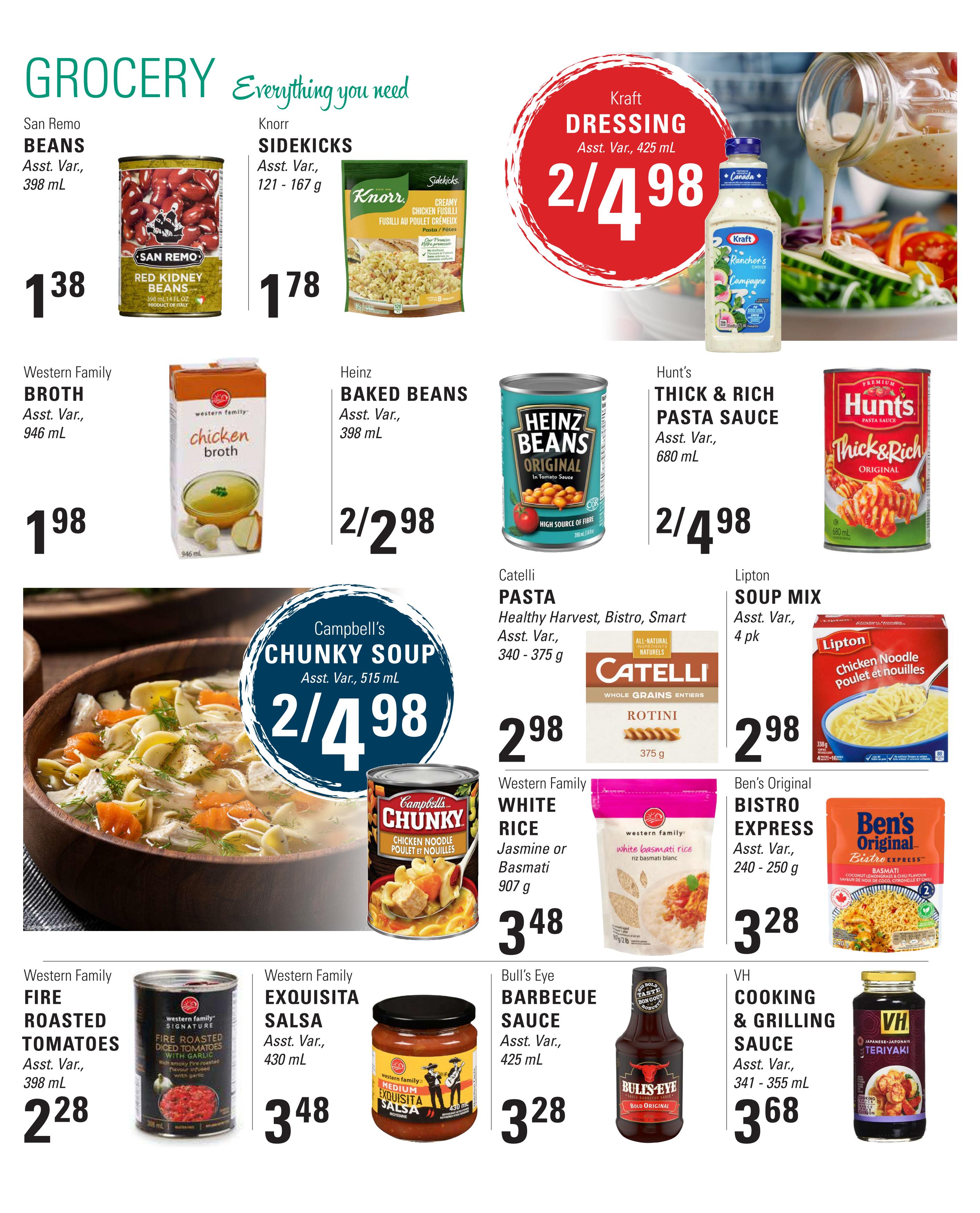 Askew's Foods grocery flyer page 2 featuring a variety of pantry staples. On sale are San Remo Red Kidney Beans for $1.38, Knorr Sidekicks for $1.78, and Kraft Dressing for 2 for $4.98. Also featured are Western Family Chicken Broth for $1.98, Heinz Baked Beans for 2 for $2.98, and Hunt's Thick & Rich Pasta Sauce for 2 for $4.98. Campbell's Chunky Soup is on special at 2 for $4.98, with a large image showcasing the chicken noodle variety. Other deals include Catelli Pasta for $2.98, Western Family White Rice (Jasmine or Basmati) for $3.48, Ben's Original Bistro Express meals for $3.28, Western Family Fire Roasted Tomatoes for $2.28, Western Family Exquisita Salsa for $3.48, Bull's Eye Barbecue Sauce for $3.28, and VH Cooking & Grilling Sauce for $3.68.