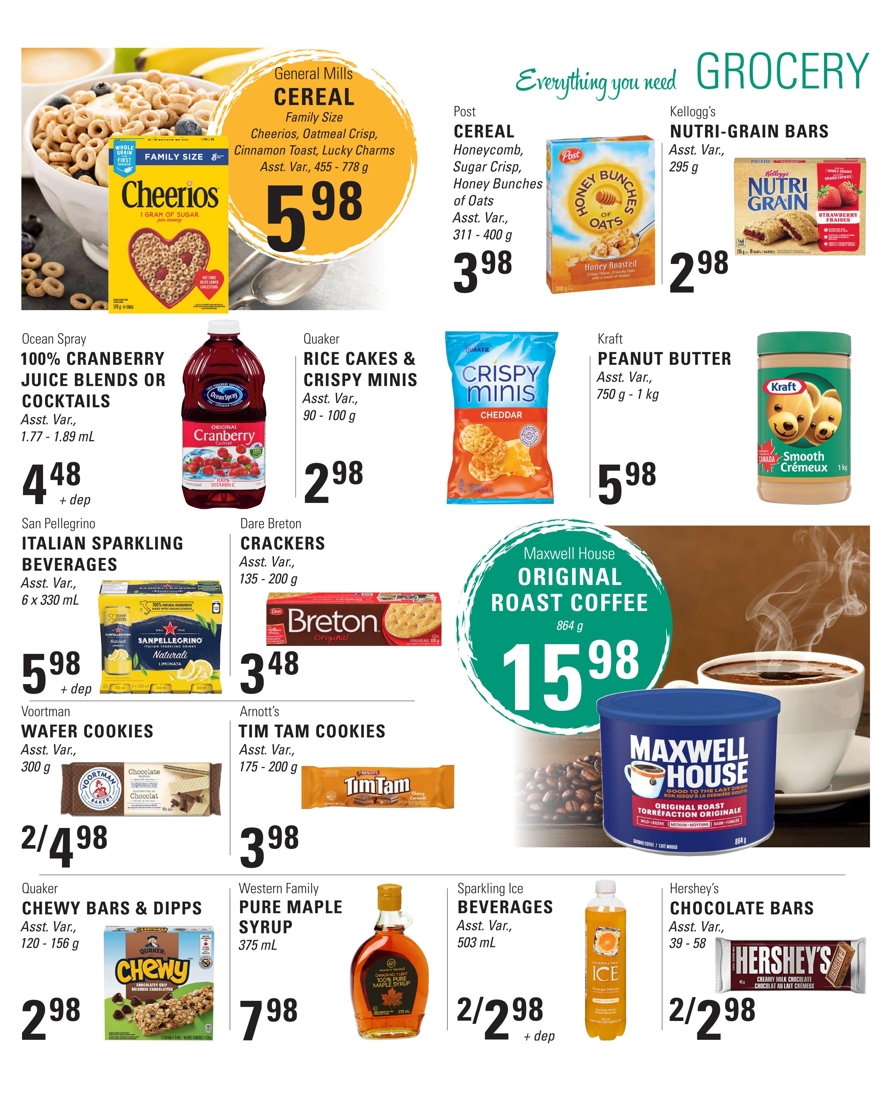 Askew's Foods weekly flyer specials page 3 features a variety of grocery items. General Mills Family Size Cereals, including Cheerios, Oatmeal Crisp, Cinnamon Toast, and Lucky Charms, are $5.98. Post Cereals like Honeycomb, Sugar Crisp, and Honey Bunches of Oats are $3.98. Kellogg's Nutri-Grain Bars are $2.98. Ocean Spray 100% Cranberry Juice Blends or Cocktails are $4.48 + dep. Quaker Rice Cakes & Crispy Minis are $2.98. Kraft Peanut Butter (750 g - 1 kg) is $5.98. San Pellegrino Italian Sparkling Beverages (6 x 330 mL) are $5.98 + dep. Dare Breton Crackers (135 - 200 g) are $3.48. Voortman Wafer Cookies (300 g) are 2 for $4.98. Arnott's Tim Tam Cookies (175 - 200 g) are $3.98. Quaker Chewy Bars & Dipps (120 - 156 g) are $2.98. Western Family Pure Maple Syrup (375 mL) is $7.98. Sparkling Ice Beverages (503 mL) are 2 for $2.98 + dep. Hershey's Chocolate Bars (39 - 58 g) are 2 for $2.98. Maxwell House Original Roast Coffee (864 g) is $15.98.