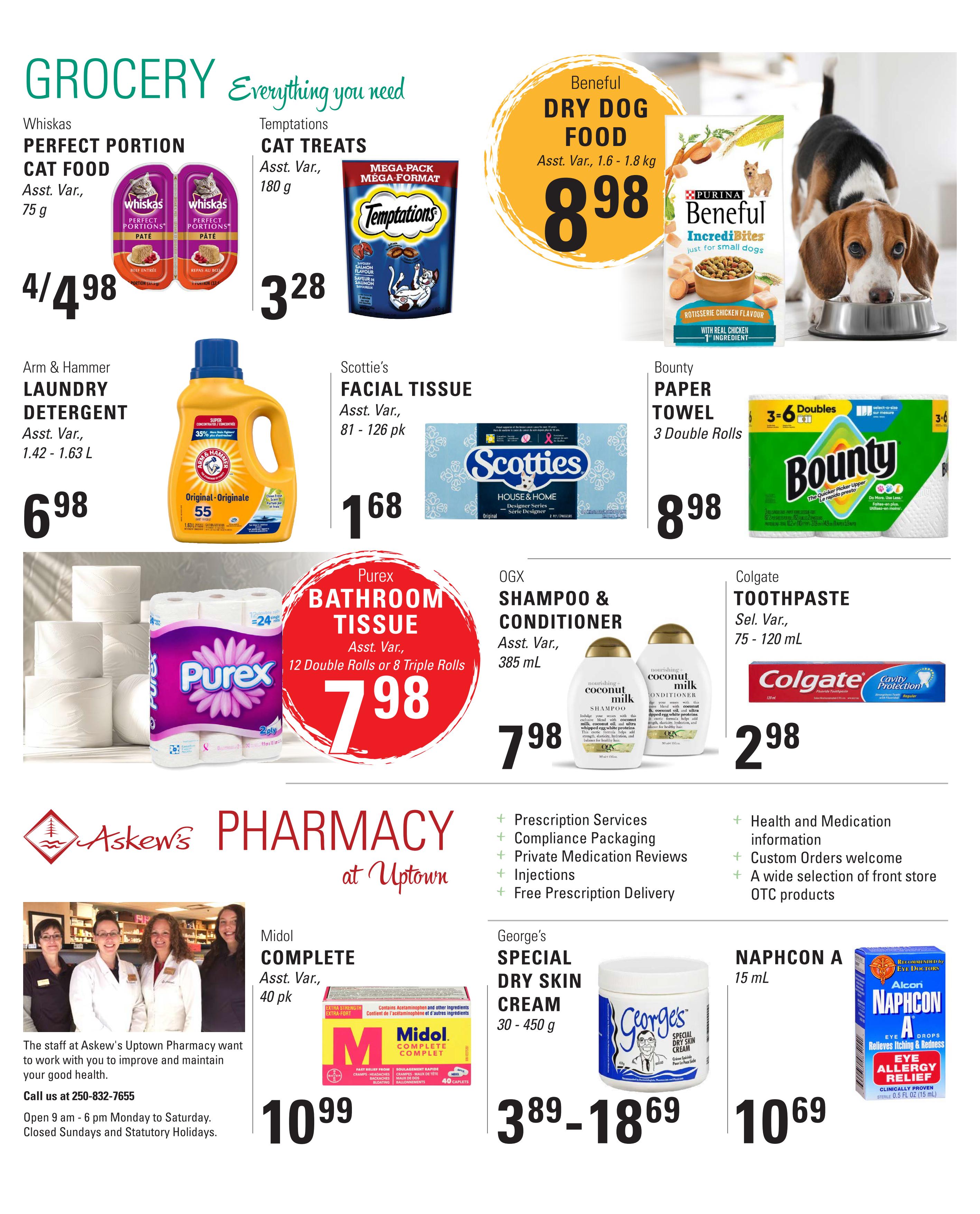 Askew's Foods Grocery flyer page 4 featuring various deals. Whiskas Perfect Portion Cat Food is 4 for $4.98. Temptations Cat Treats (180g) are $3.28. Beneful Dry Dog Food (1.6 - 1.8 kg) is $8.98. Arm & Hammer Laundry Detergent (1.42 - 1.63 L) is $6.98. Scotties Facial Tissues (81 - 126 pk) are $1.68. Bounty Paper Towels (3 Double Rolls) are $8.98. Purex Bathroom Tissue (12 Double Rolls or 8 Triple Rolls) is $7.98. OGX Shampoo & Conditioner (385 mL) is $7.98. Colgate Toothpaste (75 - 120 mL) is $2.98. Midol Complete (40 pk) is $10.99. George's Special Dry Skin Cream (30 - 450 g) is priced from $3.89 to $18.69. Naphcon A Eye Drops (15 mL) are $10.69. The Askew's Pharmacy at Uptown section includes staff photos and information on services like Prescription Services, Compliance Packaging, Private Medication Reviews, Injections, and Free Prescription Delivery. Other pharmacy services include Health and Medication information, Custom Orders, and a wide selection of front store OTC products.