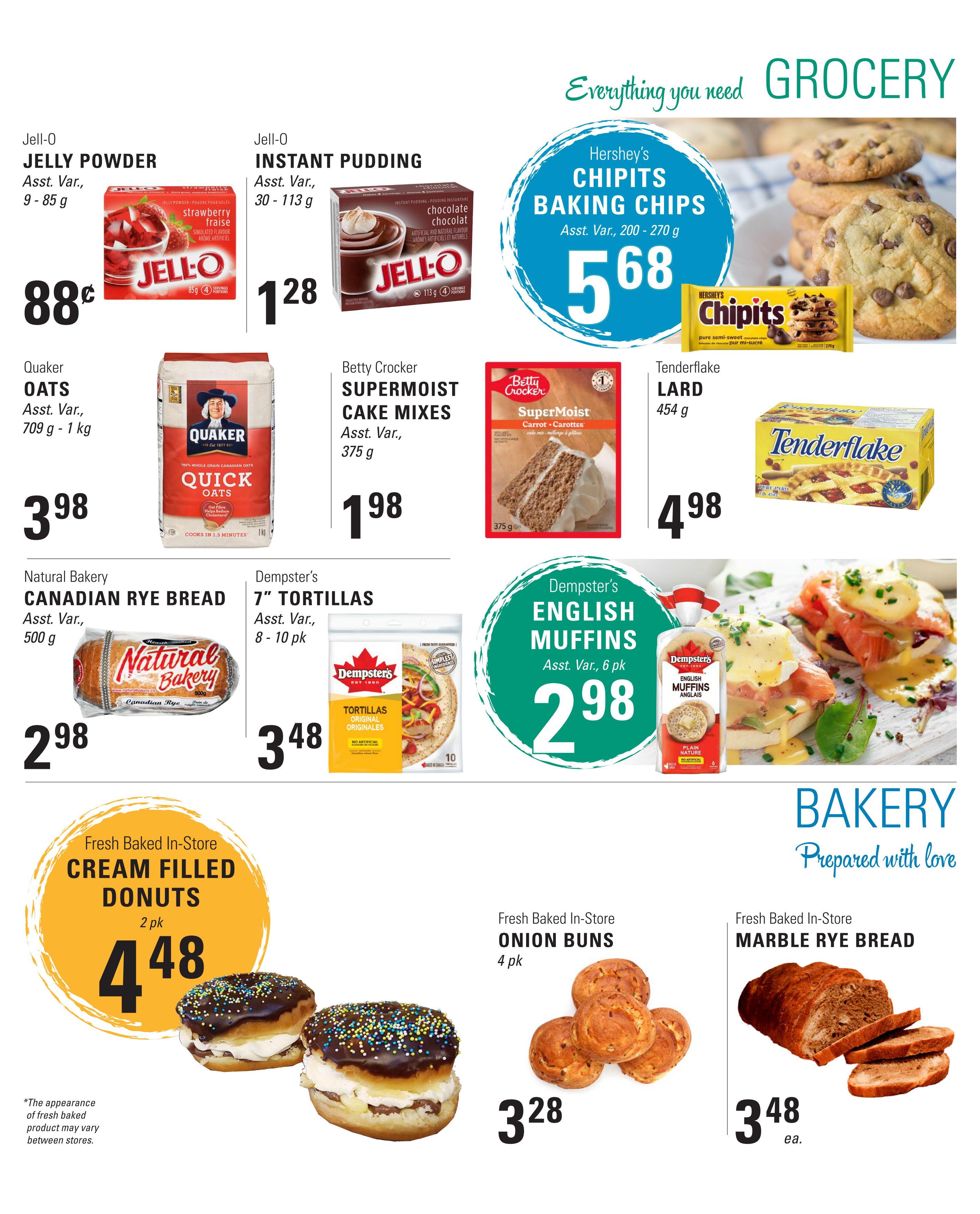 Askew's Foods weekly flyer specials page 5 includes Jell-O Jelly Powder for $0.88, Jell-O Instant Pudding for $1.28, Quaker Quick Oats for $3.98, Natural Bakery Canadian Rye Bread for $2.98, Betty Crocker Supermoist Cake Mixes for $1.98, Dempster's 7' Tortillas for $3.48, Dempster's English Muffins for $2.98, Tenderflake Lard for $4.98, and Hershey's Chipits Baking Chips for $5.68. The bakery section features Fresh Baked In-Store Cream Filled Donuts for $4.48 (2 pk), Fresh Baked In-Store Onion Buns for $3.28 (4 pk), and Fresh Baked In-Store Marble Rye Bread for $3.48 each.