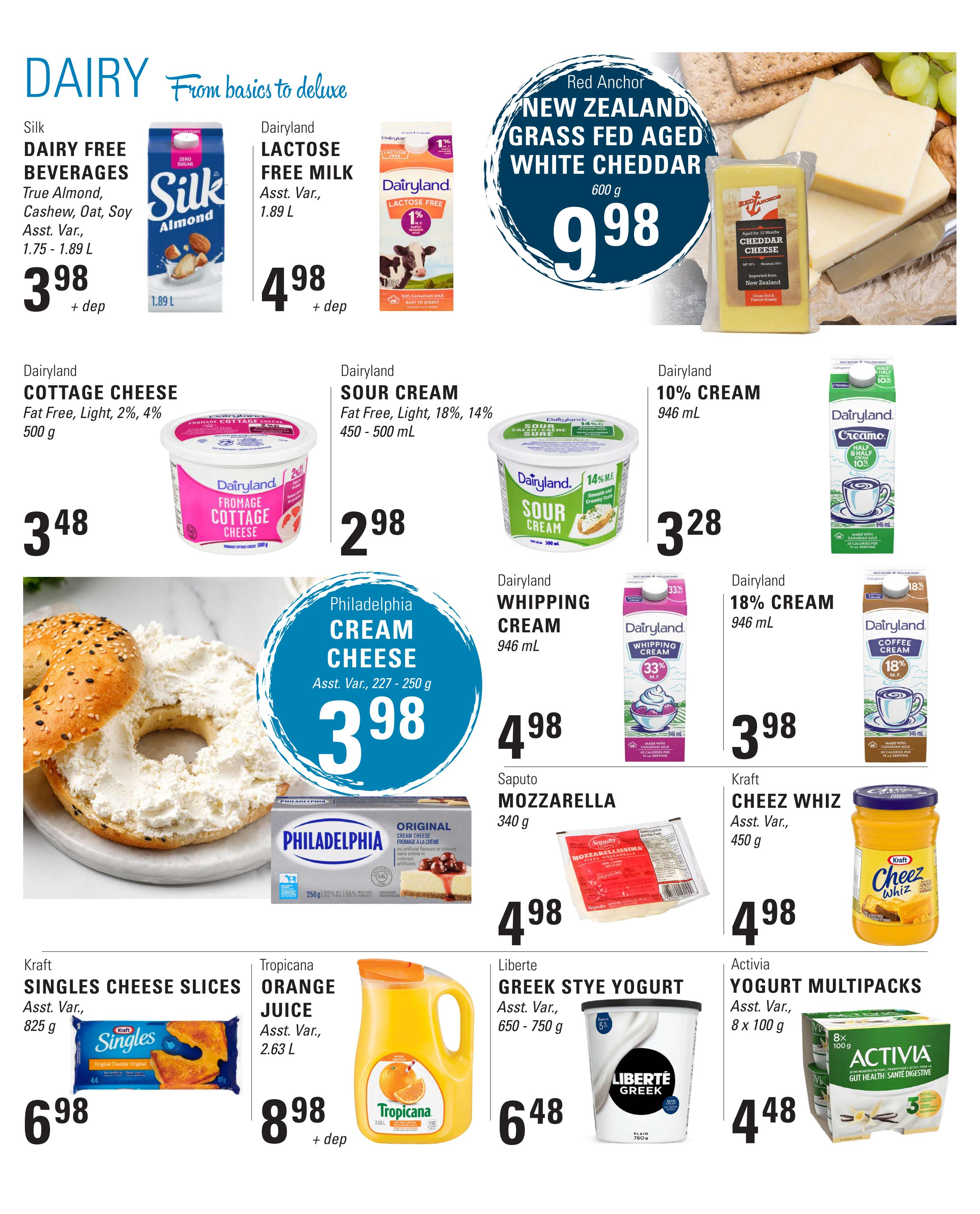 Askew's Foods weekly flyer specials page 8 features a variety of dairy products. Highlights include Silk Dairy Free Beverages (True Almond, Cashew, Oat, Soy) for $3.98, Dairyland Lactose Free Milk for $4.98, and Red Anchor New Zealand Grass Fed Aged White Cheddar for $9.98. Also featured are Dairyland Cottage Cheese for $3.48, Dairyland Sour Cream for $2.98, Dairyland 10% Cream for $3.28, and Dairyland Whipping Cream for $4.98. Philadelphia Cream Cheese is on sale for $3.98. Other items include Saputo Mozzarella for $4.98, Kraft Cheez Whiz for $4.98, Kraft Singles Cheese Slices for $6.98, Tropicana Orange Juice for $8.98, Liberte Greek Stye Yogurt for $6.48, and Activia Yogurt Multipacks for $4.48.