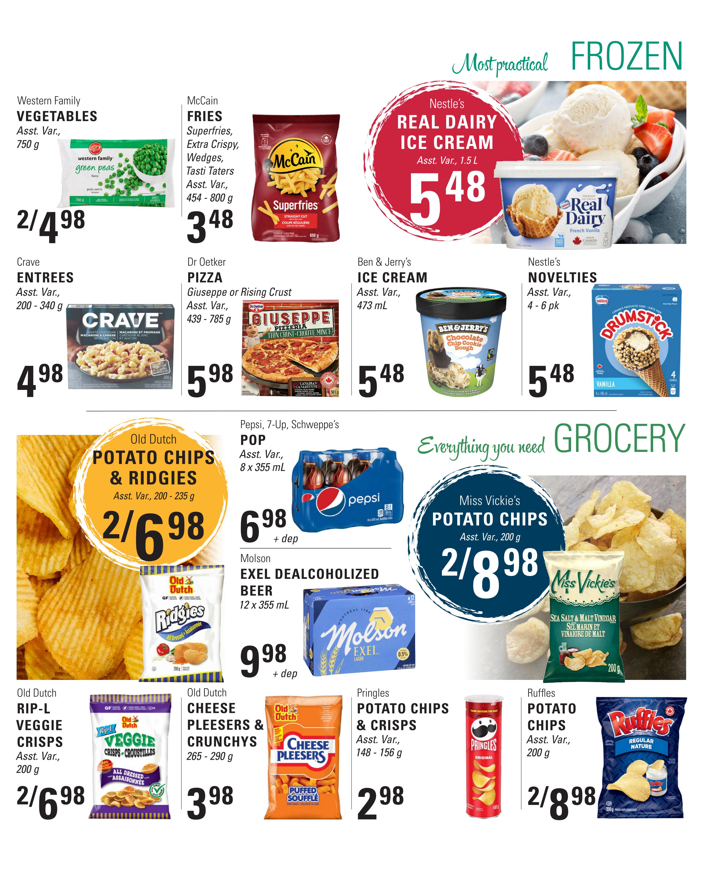 Askew's Foods weekly flyer specials page 9 features a variety of frozen and grocery items. Frozen deals include Western Family Vegetables green peas for 2/$4.98, McCain Superfries for $3.48, Crave Entrees for $4.98, Dr Oetker Giuseppe or Rising Crust Pizza for $5.98, Nestle's Real Dairy Ice Cream for $5.48, and Nestle Novelties Drumstick cones for $5.48. Grocery specials include Old Dutch Potato Chips & Ridgies for 2/$6.98, Old Dutch Rip-L Veggie Crisps for 2/$6.98, Old Dutch Cheese Pleesers & Crunchys for $3.98, Miss Vickie's Potato Chips for 2/$8.98, Ruffles Potato Chips for 2/$8.98, Pringles Potato Chips & Crisps for $2.98, and a 12 x 355 mL pack of Pepsi, 7-Up, Schweppe's POP for $6.98 plus deposit. Also featured is Molson ExeL Dealcoholized Beer, 12 x 355 mL, for $9.98 plus deposit.