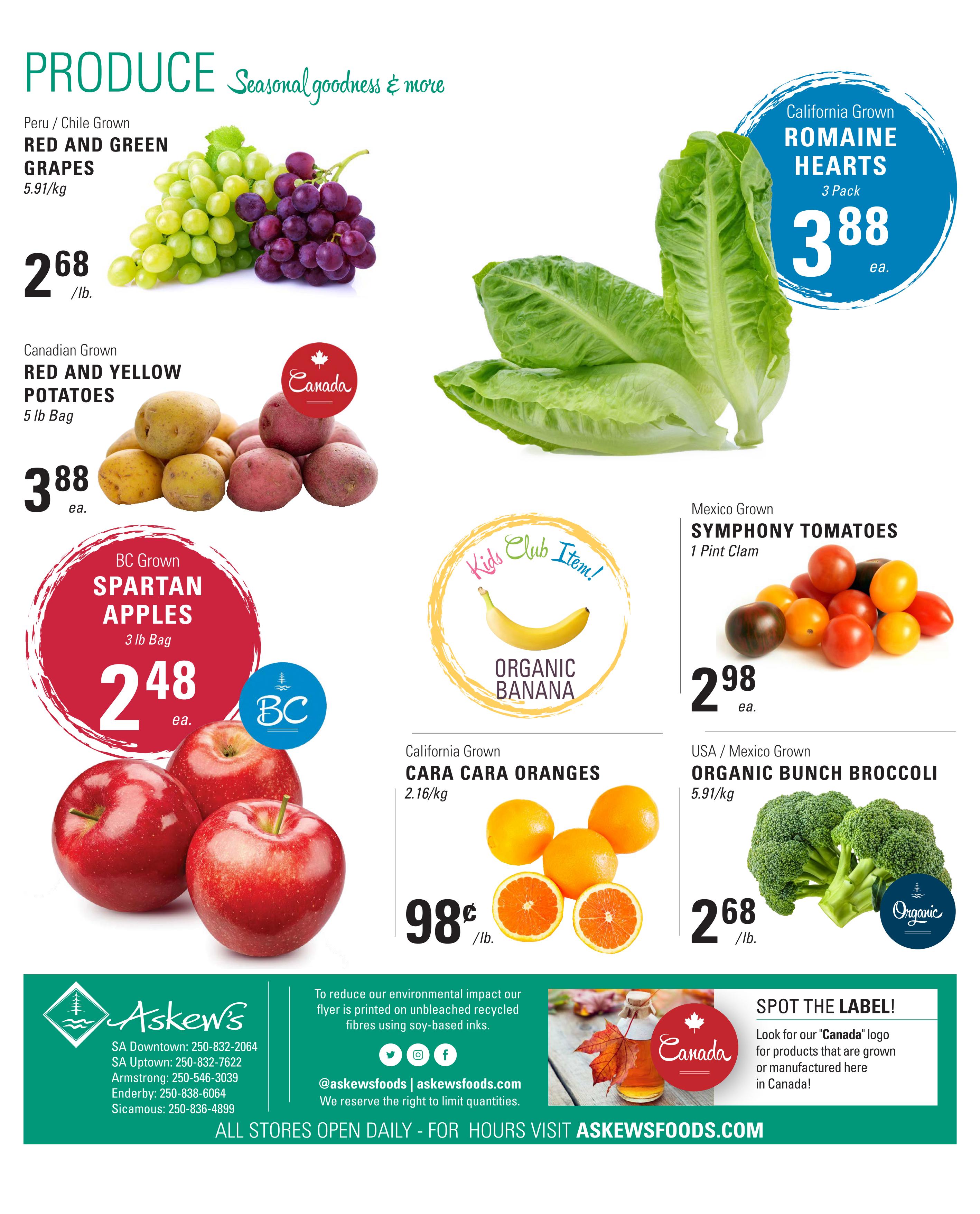Askew's Foods weekly flyer specials page 12 features a variety of fresh produce. Peru/Chile Grown Red and Green Grapes are $2.68/lb. Canadian Grown Red and Yellow Potatoes are $3.88 each for a 5 lb bag. BC Grown Spartan Apples are $2.48 each for a 3 lb bag. California Grown Romaine Hearts are $3.88 for a 3 pack. Mexico Grown Symphony Tomatoes are $2.98 each for a 1 pint clam. California Grown Cara Cara Oranges are $0.98/lb. USA/Mexico Grown Organic Bunch Broccoli is $2.68/lb. The page also highlights organic bananas as a Kids Club Item. A section encourages shoppers to 'Spot the Label' for Canadian grown or manufactured products. The flyer is printed on recycled fibres using soy-based inks. Askew's Foods store locations and contact information are provided, along with their website askewsfods.com.