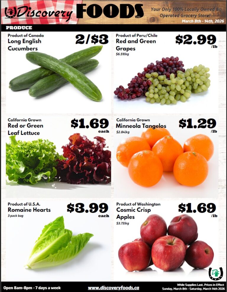 Discovery Foods weekly flyer specials for March 8th - 14th, 2026. Page 2 features produce deals including Product of Canada Long English Cucumbers at 2 for $3, Product of Peru/Chile Red and Green Grapes for $2.99/lb, California Grown Red or Green Leaf Lettuce for $1.69 each, California Grown Minneola Tangelos for $1.29/lb, Product of U.S.A. Romaine Hearts (3 pack bag) for $3.99 each, and Product of Washington Cosmic Crisp Apples for $1.69/lb. The store is open 8am-8pm, 7 days a week. Visit www.discoveryfoods.ca for more information.