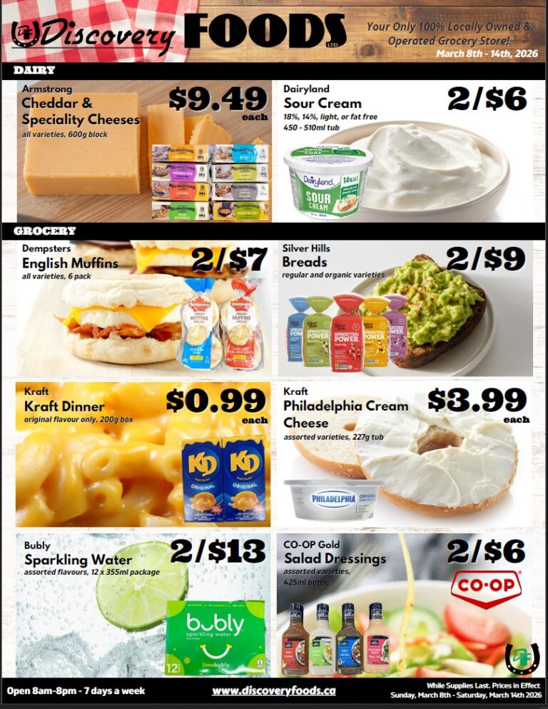 Discovery Foods weekly flyer specials for March 8th to March 14th, 2026. Page 3 features dairy and grocery deals. Dairy offers include Armstrong Cheddar & Speciality Cheeses for $9.49 each, and Dairyland Sour Cream (18%, 14%, light, or fat-free, 450-510ml tub) for 2 for $6. Grocery deals include Dempsters English Muffins (all varieties, 6 pack) for 2 for $7, and Silver Hills Breads (regular and organic varieties) for 2 for $9. Also featured are Kraft Dinner (original flavour only, 200g box) for $0.99 each, and Kraft Philadelphia Cream Cheese (assorted varieties, 227g tub) for $3.99 each. Beverage deals include Bubly Sparkling Water (assorted flavours, 12 x 355ml package) for 2 for $13, and CO-OP Gold Salad Dressings (assorted varieties, 425ml bottle) for 2 for $6. The store is open 8am-8pm, 7 days a week. While supplies last. Prices in effect Sunday, March 8th - Saturday, March 14th, 2026.
