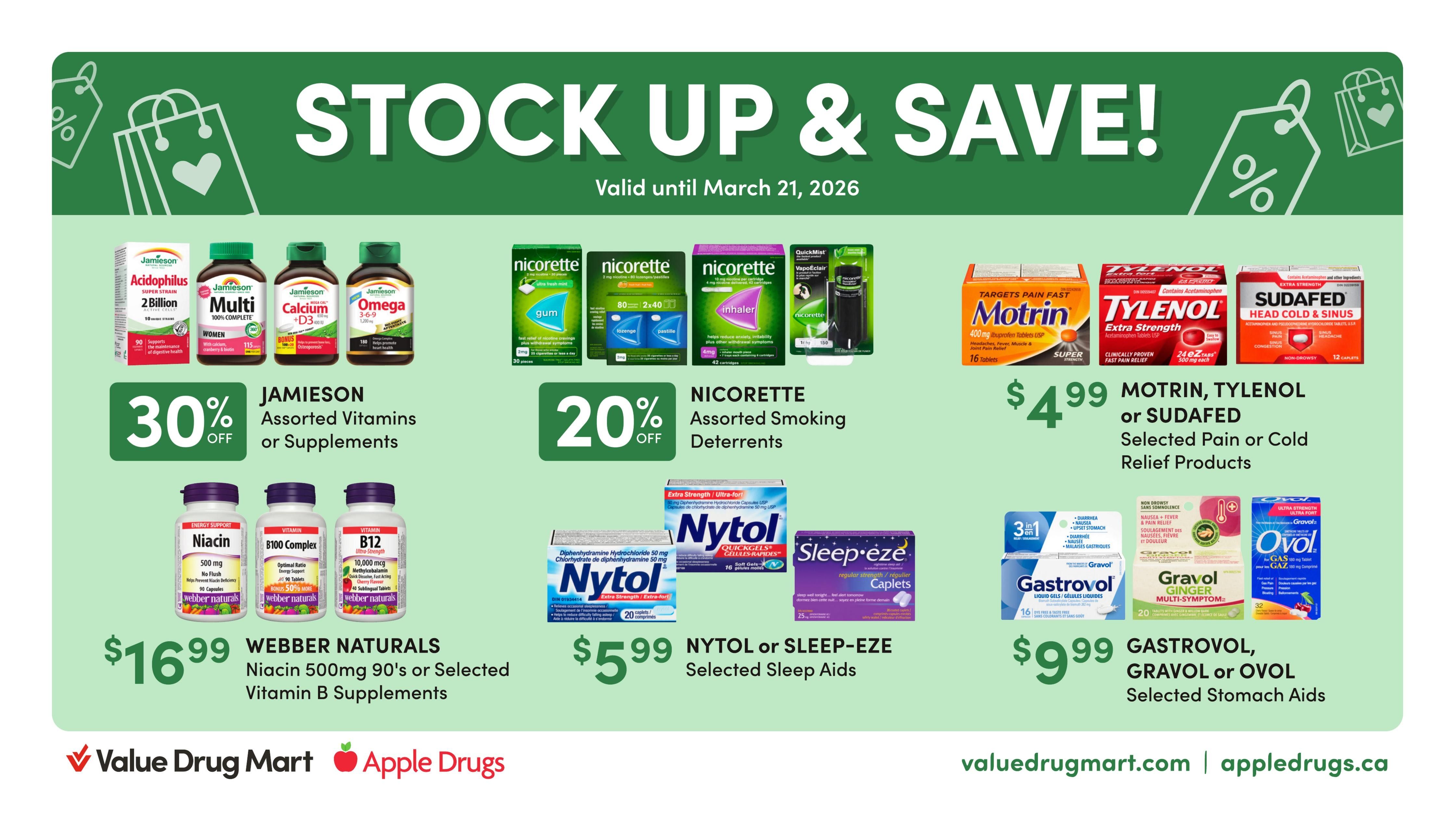 Value Drug Mart flyer specials page 2 features products to help with cold season. Robitussin Assorted Cough Syrup 100mL-115mL is $7.99. Buckley's Chest Congestion Syrup 250mL or Assorted 24 Hour Packs 48's is $16.99. Braun or Vicks Assorted Thermometers, Humidifiers, Vaporizers or Accessories are 20% off. Flonase Allergy Relief 120 Sprays, Robaxacet or Robaxisal Extra Strength 40's are $29.99. Wampole Selected Vitamins or Supplements are 25% off, including Vitamin B12 Liquid and Melatonin 3 mg. Sesame Street Assorted Vitamins or Supplements are $18.99, featuring Brilliant Omega-3, Incredible Power Multi, and Super Boost Vitamin C. Swical Assorted Supplements are 20% off, including Swical Vitamin B12, Swical Energy Shot, and Swical Collagen. This flyer is valid from March 8 - 21, 2026.