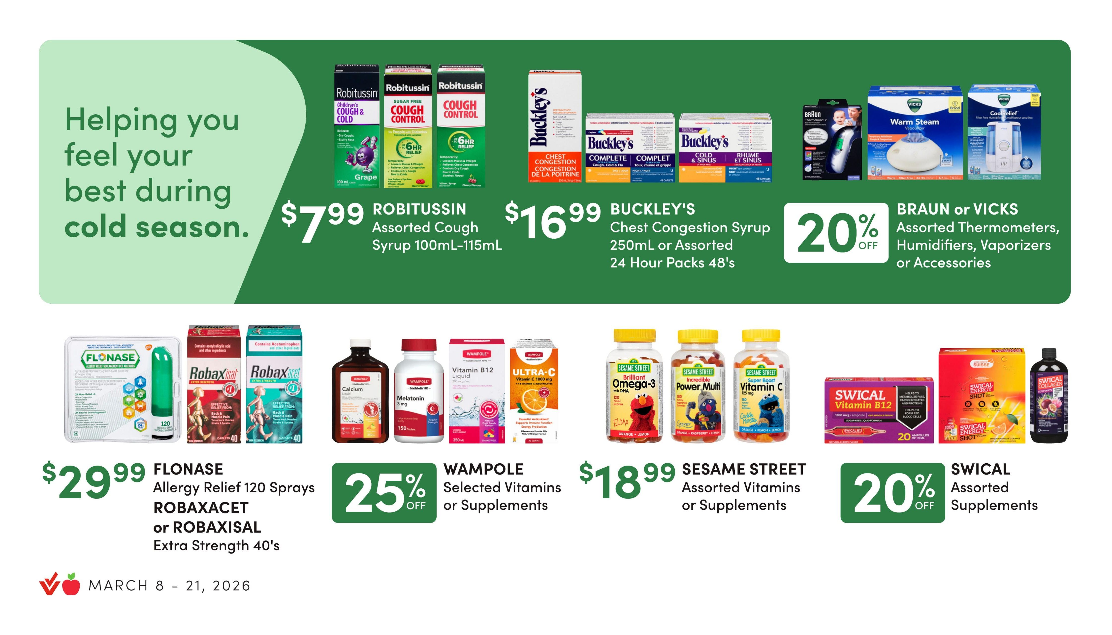 Value Drug Mart flyer page 3 featuring 'Everyday Health & Support' specials. Offers include Benadryl Selected Allergy Relief Products for $7.99, Polysporin Selected Health Care Products for $9.99, and Western Family Assorted First Aid Products for 2 for $7.00. Also featured are Western Family Selected Pain Relief or Sleep Aid Products for $3.99. On the right side, save 30% off Herbion or Novex Assorted Cold Relief Products. Homeocan Selected Health Care Products are $8.99, and Lakota Selected Health Care Products are $15.99. The flyer is valid from March 8 to March 21, 2026.