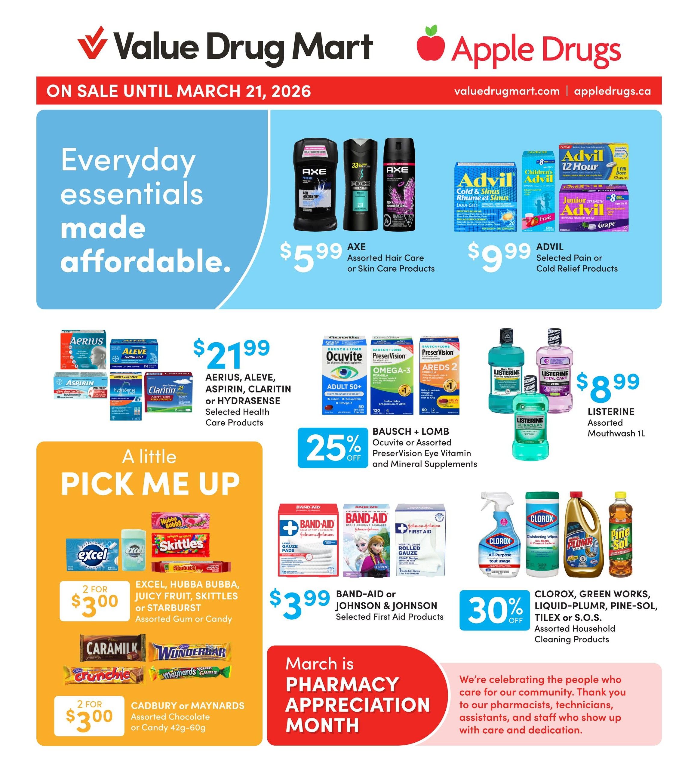 Value Drug Mart flyer specials valid until March 21, 2026. Features 30% off Jamieson Assorted Vitamins or Supplements including Acidophilus, Multi, Calcium + D3, and Omega. Also, 20% off Nicorette Assorted Smoking Deterrents like gum, lozenges, and inhalers. Offers include Motrin, Tylenol, or Sudafed Selected Pain or Cold Relief Products for $4.99. Webber Naturals Niacin 500mg 90's or Selected Vitamin B Supplements are $16.99. Nytol or Sleep-Eze Selected Sleep Aids are $5.99. Gravol, Gravol Ginger Multi-Symptom, or Ovol Selected Stomach Aids are $9.99.
