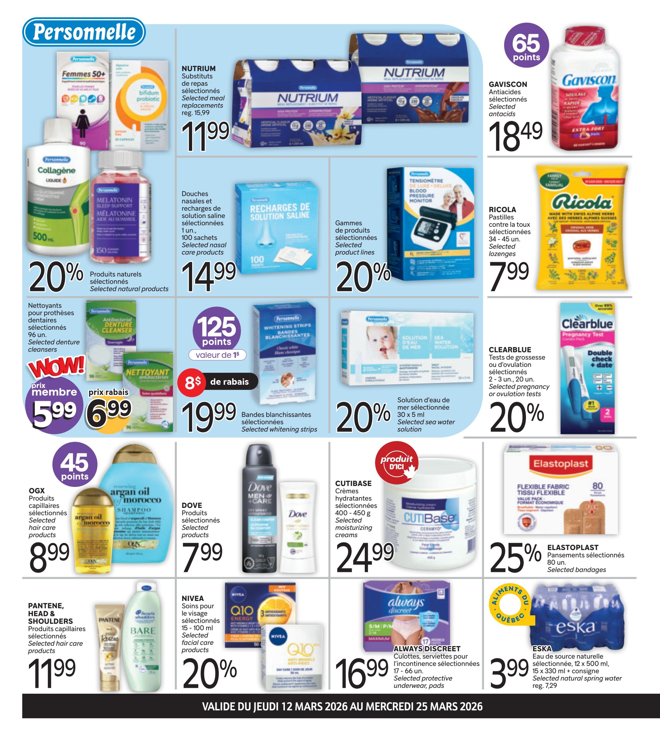 Brunet flyer page 2 features a variety of health and personal care products. Top row includes Personnelle Nutrium meal replacements for $11.99, and Gaviscon antacids for $18.49, with 65 bonus points. Also featured are Personnelle nasal saline refills for $14.99, a Personnelle blood pressure monitor for 20% off, and Ricola selected lozenges for $7.99. Middle row showcases Personnelle selected natural products at 20% off, including Femmes 50+ and Bifidum probiotic. Personnelle selected whitening strips are $19.99 with $8 in rebates and 125 bonus points. Personnelle selected sea water solutions are 20% off. Clearblue pregnancy or ovulation tests are 20% off. Bottom row highlights OGX selected hair care products for $8.99, Dove selected products for $7.99, Pantene, Head & Shoulders selected hair care products for $11.99, Nivea selected facial care products at 20% off, Cutibase selected moisturizing creams for $24.99, Elastoplast selected bandages for 25% off, and Eska selected natural spring water for $3.99 (regularly $7.29).