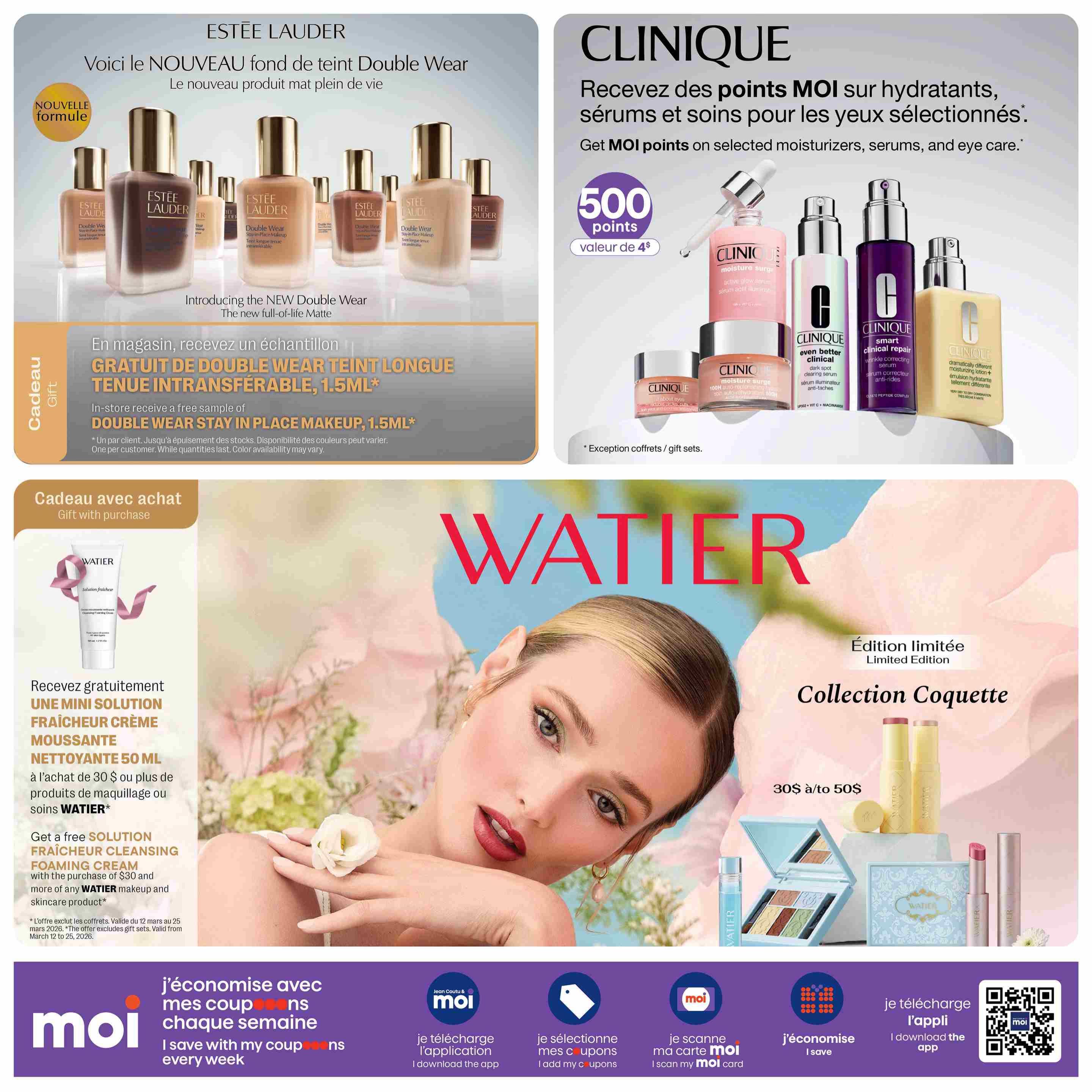 Jean Coutu Beauty Book flyer, page 3. Features Estée Lauder Double Wear foundation with a free 1.5ml sample gift with purchase. Clinique offers 500 MOI points, valued at $4, on selected moisturizers, serums, and eye care. A limited edition Watier Collection Coquette makeup set is available for $30 to $50. With a $30 purchase of Watier makeup or skincare, receive a free mini Solution Fraîcheur Cleansing Foaming Cream (50ml). The bottom section promotes the MOI rewards program, encouraging users to download the app, select coupons, scan their MOI card, and save weekly.