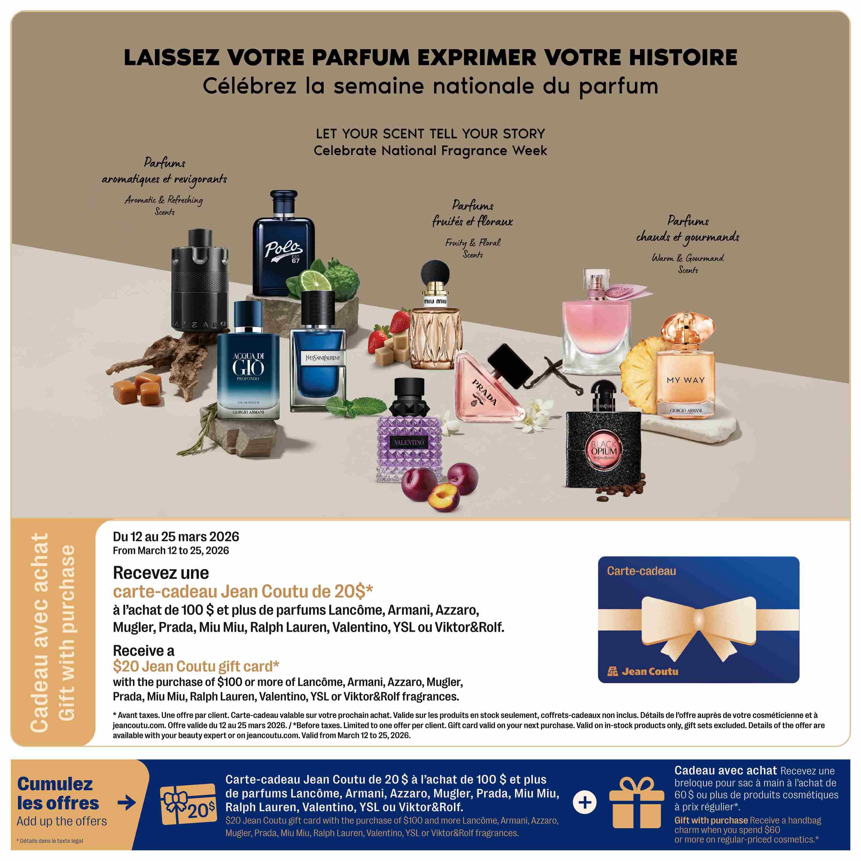 Jean Coutu Beauty Book flyer, page 5. This page celebrates National Fragrance Week with a display of various perfumes. Featured scents include Aromatic & Refreshing scents like Azzaro, Polo 67, and Acqua di Gio Profondo; Fruity & Floral scents such as Miu Miu, Prada, and Yves Saint Laurent Black Opium; and Warm & Gourmand scents like Giorgio Armani My Way and Valentino. From March 12 to 25, 2026, receive a $20 Jean Coutu gift card with the purchase of $100 or more on select fragrances from Lancôme, Armani, Azzaro, Mugler, Prada, Miu Miu, Ralph Lauren, Valentino, YSL, or Viktor&Rolf. Additionally, with a purchase of $60 or more on regular-priced cosmetics, receive a handbag charm. A Jean Coutu gift card is pictured.