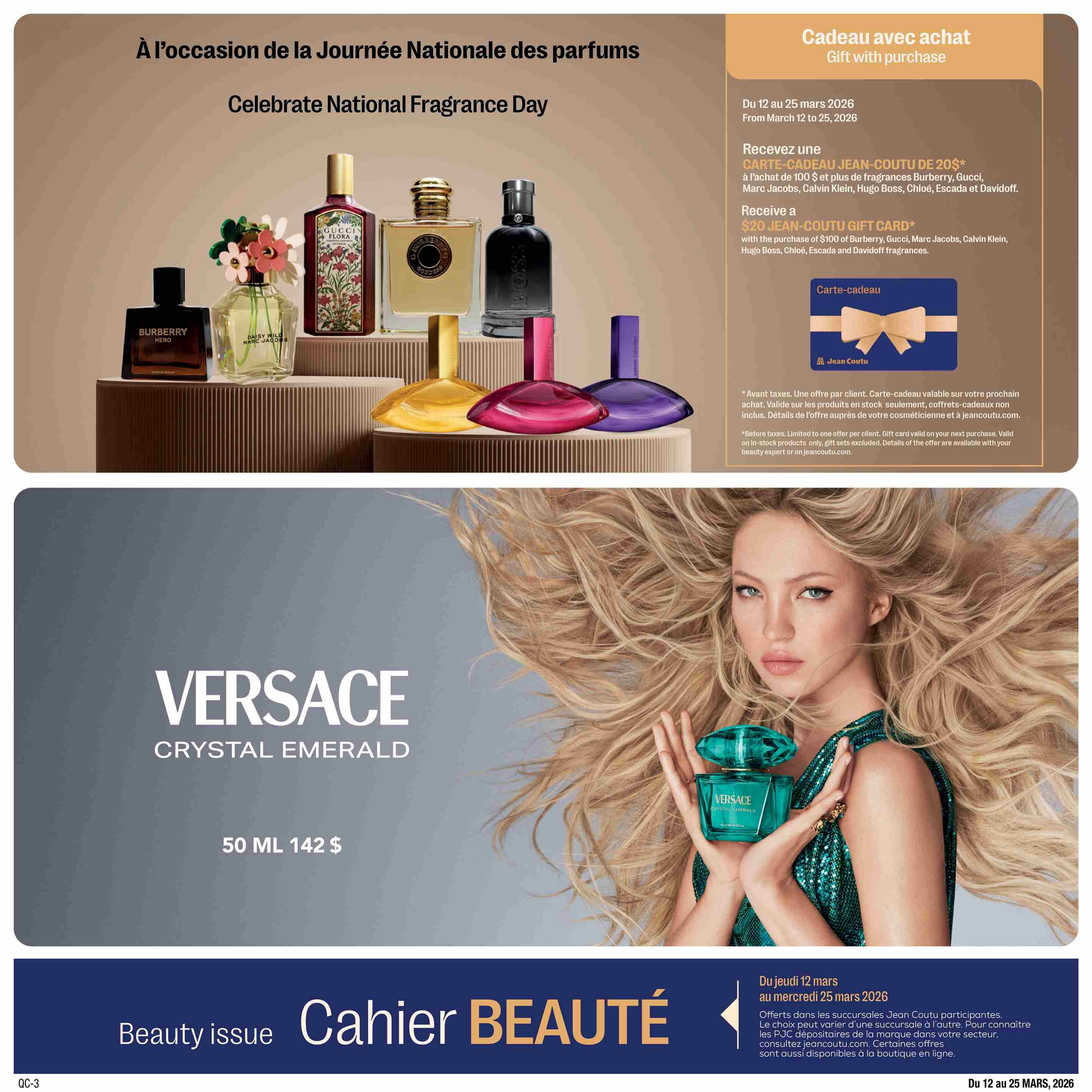 Jean Coutu Beauty Book flyer, page 6. Celebrate National Fragrance Day with a gift with purchase from March 12 to 25, 2026. Receive a $20 Jean Coutu gift card with the purchase of $100 or more on fragrances from Burberry, Gucci, Marc Jacobs, Calvin Klein, Hugo Boss, Chloé, Escada, and Davidoff. Featured products include Burberry Hero, Marc Jacobs Daisy Wild, Gucci Flora, and a black bottle likely representing Hugo Boss. Also featured is Versace Crystal Emerald 50 ML for $142. The bottom section highlights 'Beauty Issue' and 'Cahier BEAUTÉ' with offer details valid from March 12 to March 25, 2026, available at participating Jean Coutu stores and online.