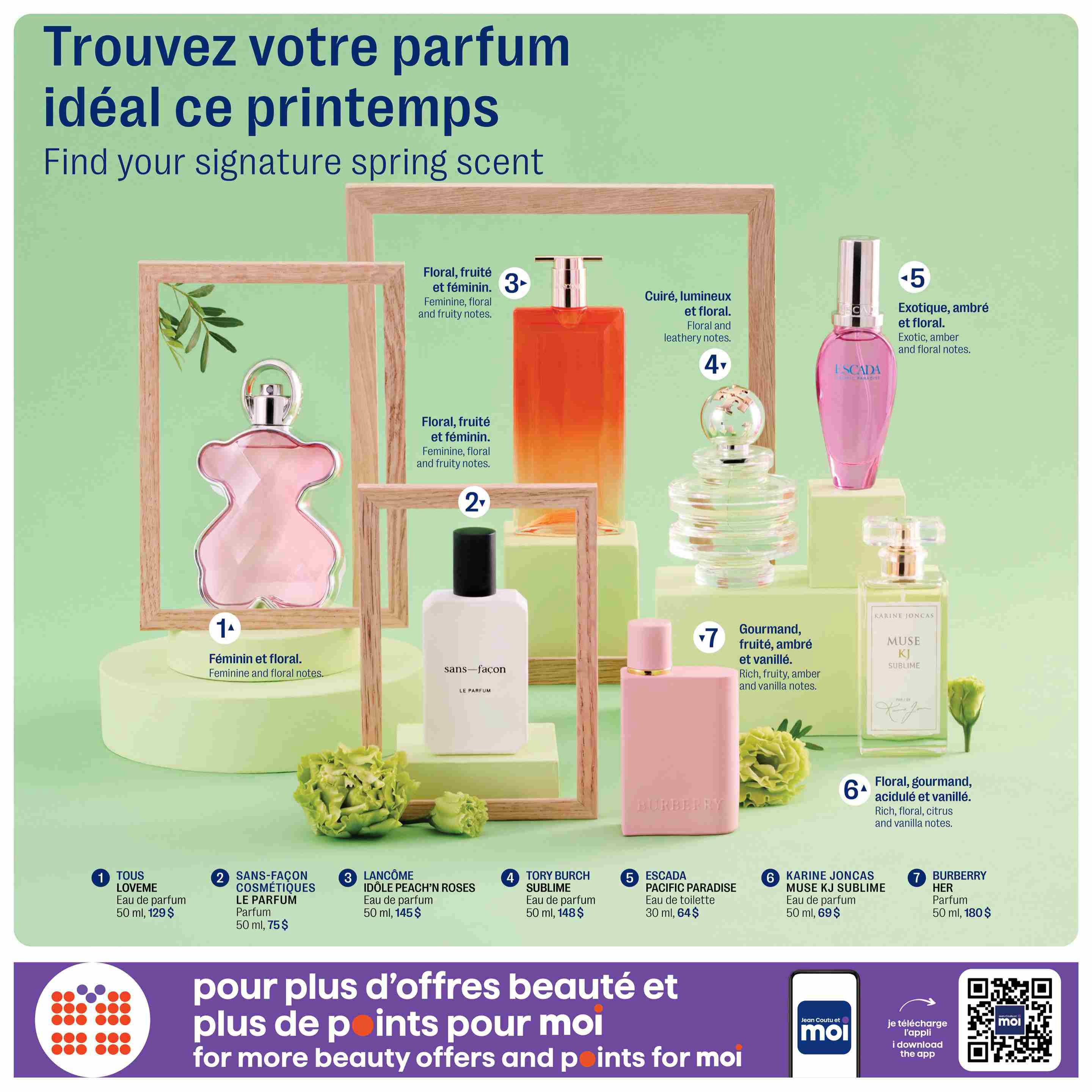 Jean Coutu Beauty Book flyer, page 7, featuring a selection of spring signature scents. Products include: 1. TOUS LOVEME Eau de parfum, 50 ml for $129, described as feminine and floral. 2. SANS-FAÇON LE PARFUM Eau de parfum, 50 ml for $75, with floral, fruity, and feminine notes. 3. LANCÔME IDÔLE PEACH'N ROSES Eau de parfum, 50 ml for $145, featuring floral, fruity, and feminine notes. 4. TORY BURCH SUBLIME Eau de parfum, 50 ml for $148, with floral and leathery notes. 5. ESCADA PACIFIC PARADISE Eau de toilette, 30 ml for $64, an exotic, amber, and floral scent. 6. KARINE JONCAS MUSE KJ SUBLIME Eau de parfum, 50 ml for $69, with rich, floral, citrus, and vanilla notes. 7. BURBERRY HER Parfum, 50 ml for $180, described as floral, gourmand, acidic, and vanilla. The page also promotes 'for more beauty offers and points for moi' with an invitation to download the Jean Coutu moi app.