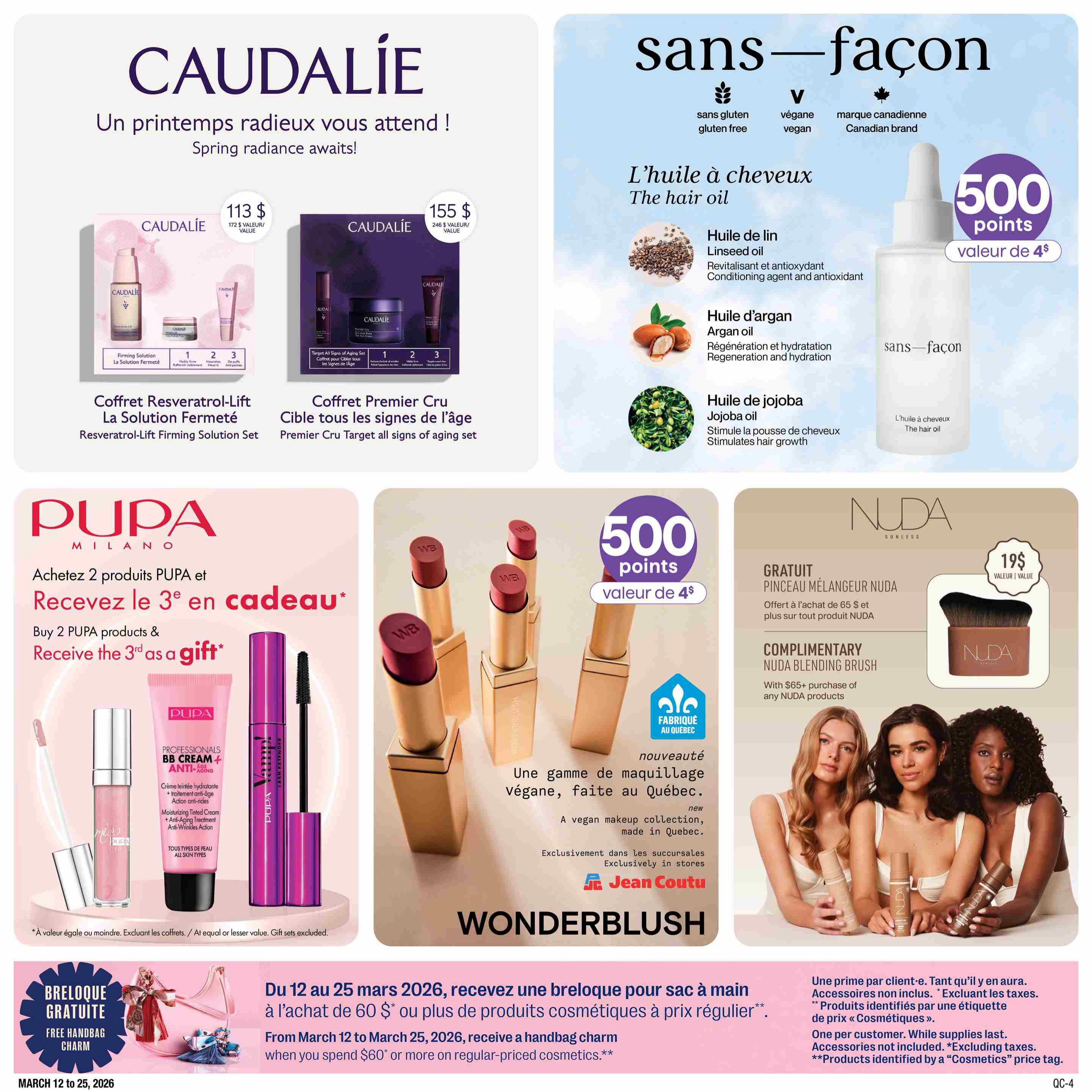 Jean Coutu Beauty Book flyer, page 8. Features Caudalie Resveratrol-Lift Firming Solution Set for $113 and Premier Cru Target All Signs of Aging Set for $155. Also highlights Sans-Facon hair oil with ingredients like linseed, argan, and jojoba oil, offering 500 points worth $4 with purchase. Pupa Milano offers a free 3rd product when you buy 2 Pupa products, featuring their BB Cream+ Anti-Aging and Vamp! Lash Extender mascara. Nuda Sunless offers a complimentary Nuda Blending Brush with any $65+ purchase of Nuda products, valued at $19. A vegan makeup collection called Wonderblush, made in Quebec, is exclusively available at Jean Coutu. Receive a free handbag charm with any $60+ purchase of regular-priced cosmetics from March 12 to March 25, 2026.