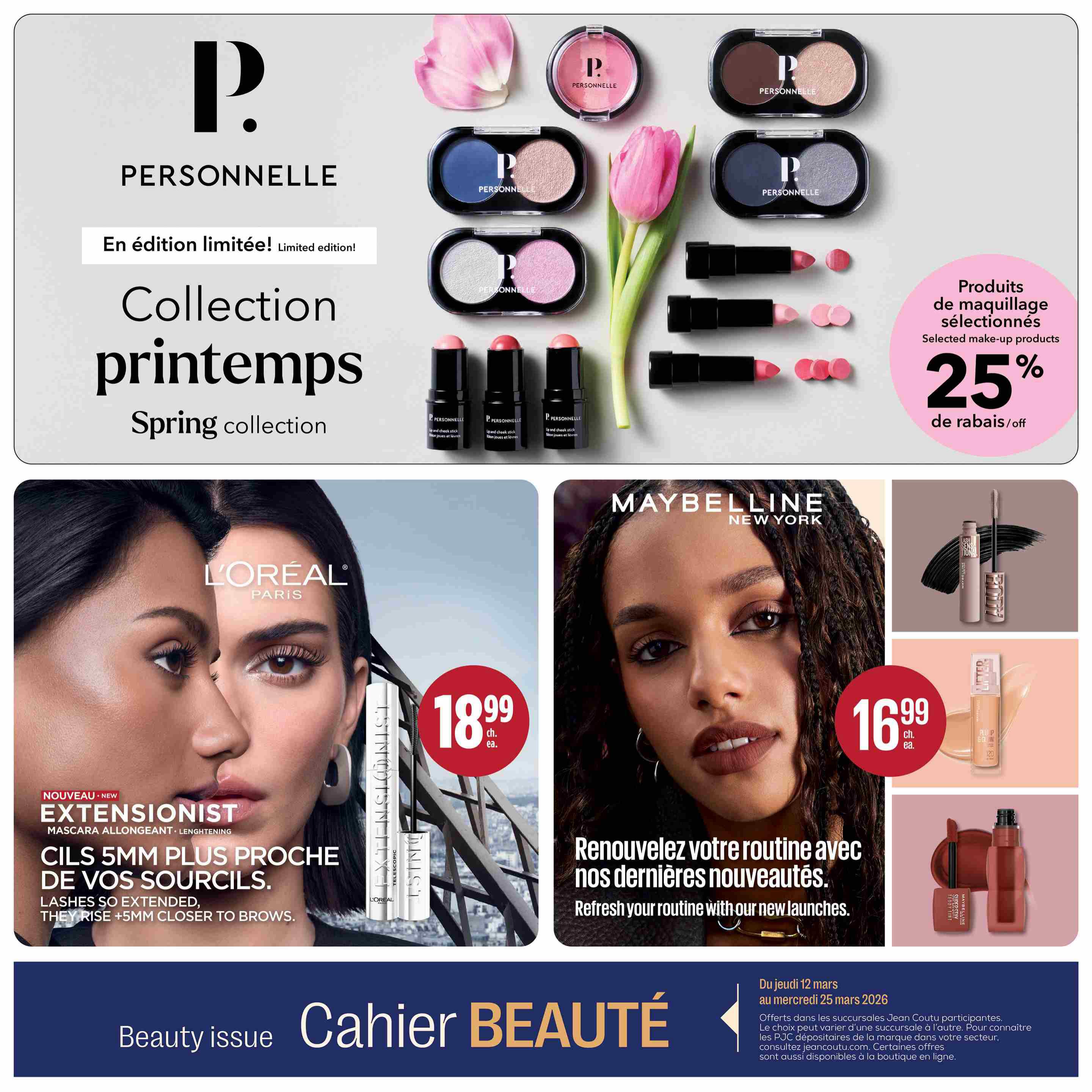 Jean Coutu Beauty Book flyer, page 9. Features the Personnelle Spring Collection, a limited edition line with selected make-up products at 25% off. Also showcases L'Oréal Extensionist Mascara for $18.99 each, and Maybelline New York products including mascara and foundation for $16.99 each. The bottom banner reads 'Beauty issue Cahier BEAUTÉ' and provides offer details valid from March 12 to March 25, 2026.