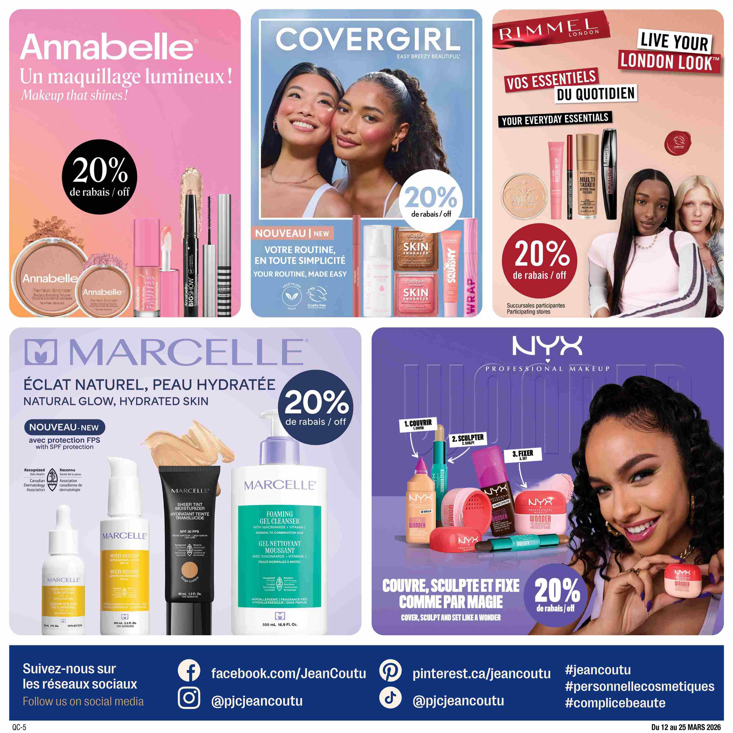 Jean Coutu Beauty Book flyer, page 10, features Annabelle makeup with 20% off, including products like the Big Show mascara and lip gloss. Covergirl offers a new routine for easy makeup with 20% off on items such as the Skin Enhancer. Rimmel London presents 'Live Your London Look' with everyday essentials and 20% off on products like the Multi Tasker mascara and Matte powder. Marcelle promotes natural glow and hydrated skin with a new SPF protection line, including the Sheer Tint Moisturizer and Foaming Gel Cleanser, also with 20% off. NYX Professional Makeup showcases a 'Cover, Sculpt and Set Like a Wonder' collection with 20% off. The flyer also includes social media links for Jean Coutu.