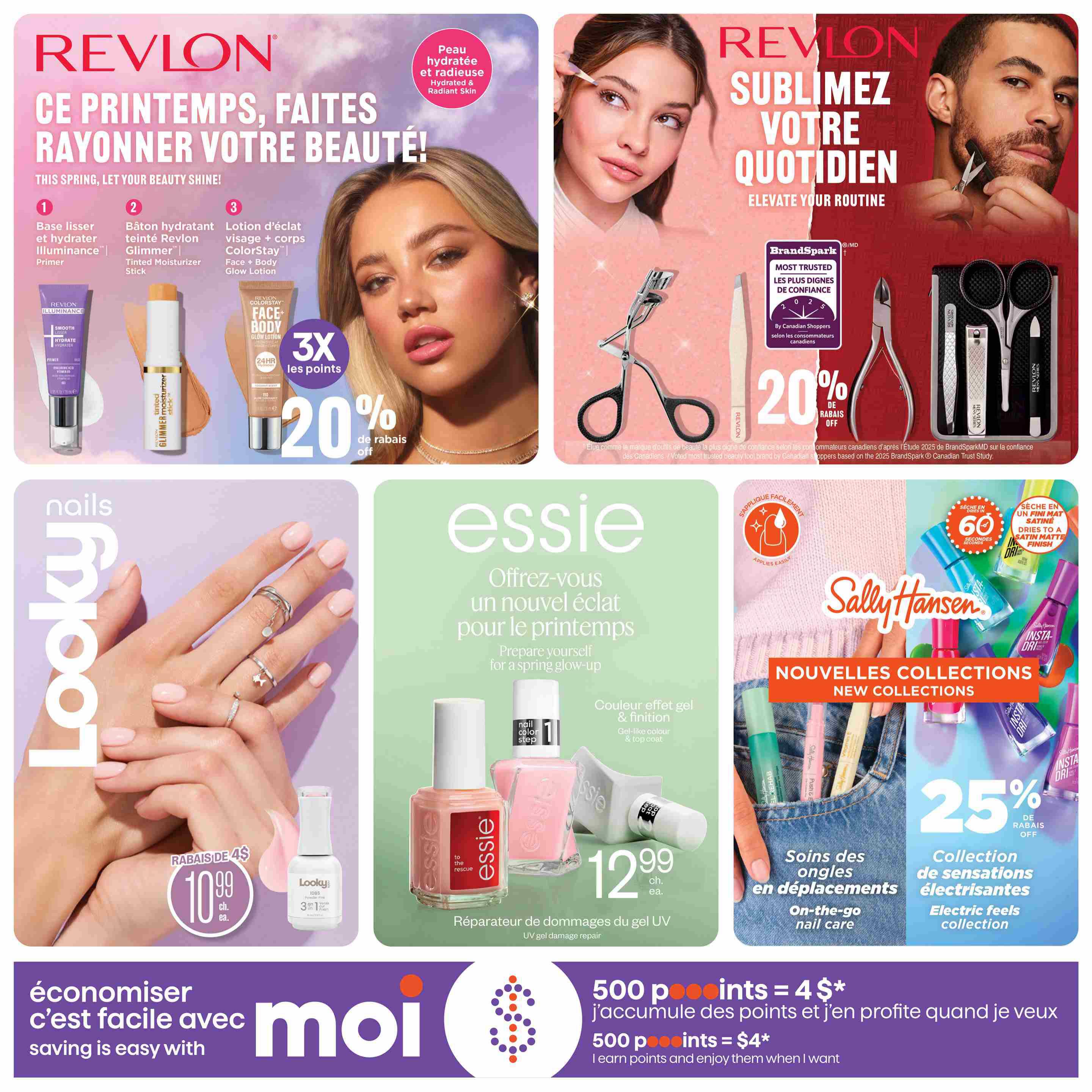 Jean Coutu Beauty Book flyer, page 11. Features Revlon products with a '3X points' offer and '20% off' discount on select items, including Revlon Illuminance Primer, Tinted Moisturizer Stick, and ColorStay Face + Body Glow Lotion. Also showcases Looky nail polish for $10.99 each with a $4 discount. Essie nail polish is featured at $12.99 each, with UV gel damage repair. Sally Hansen introduces new collections with '25% off' on the 'Electric Feels' collection, offering on-the-go nail care. The bottom of the page highlights a 'Moi' rewards program: 500 points equal $4.