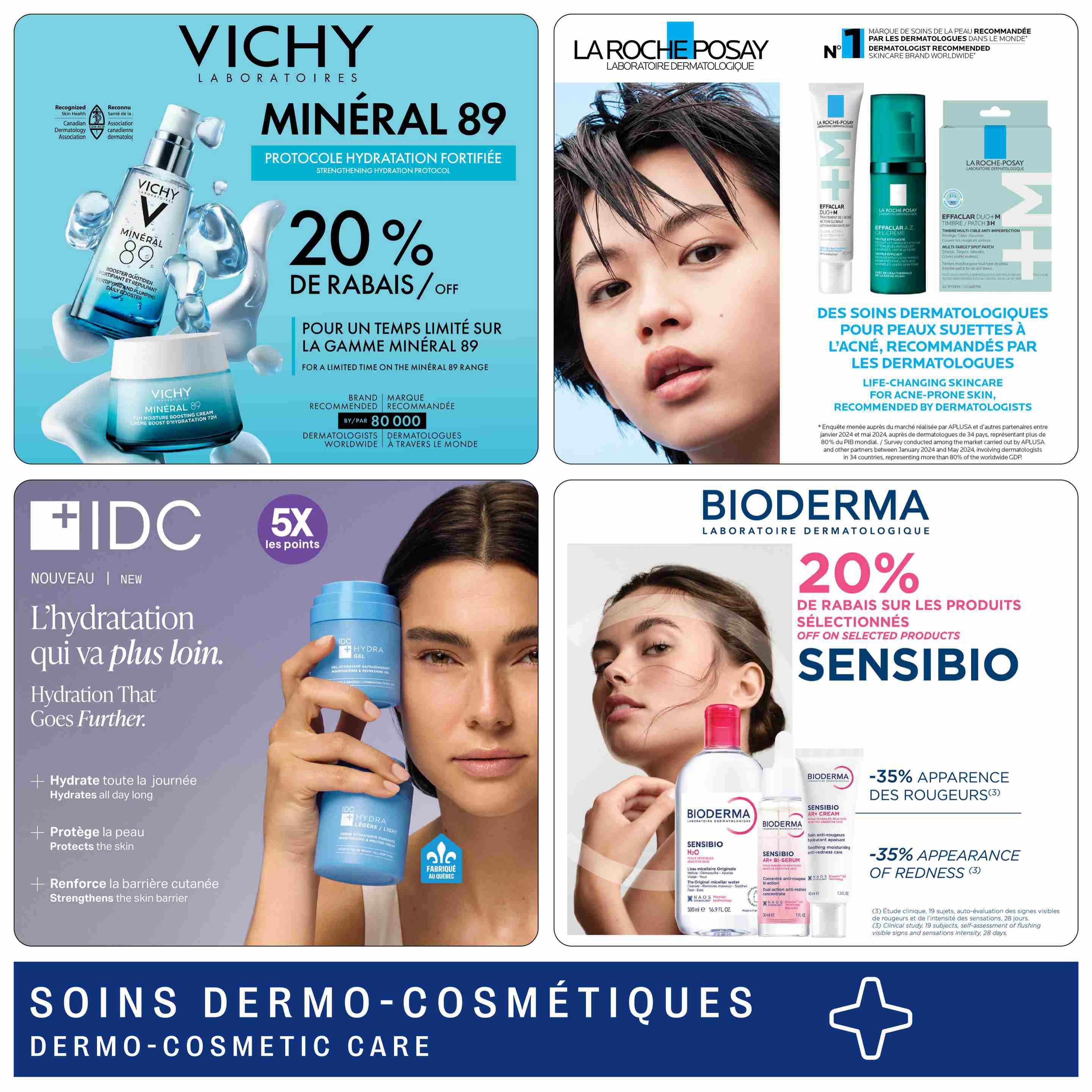 Jean Coutu Beauty Book flyer, page 15. Features Vichy Minéral 89 products with a 20% discount for a limited time. Also highlights La Roche-Posay Effaclar products for acne-prone skin, recommended by dermatologists worldwide. Includes IDC products with a '5x points' offer and benefits like all-day hydration and skin protection. Additionally, showcases Bioderma Sensibio products with a 35% reduction on redness appearance, including Bioderma Sensibio H2O micellar water and Bioderma Sensibio AR+ Cream. The page is dedicated to dermo-cosmetic care.
