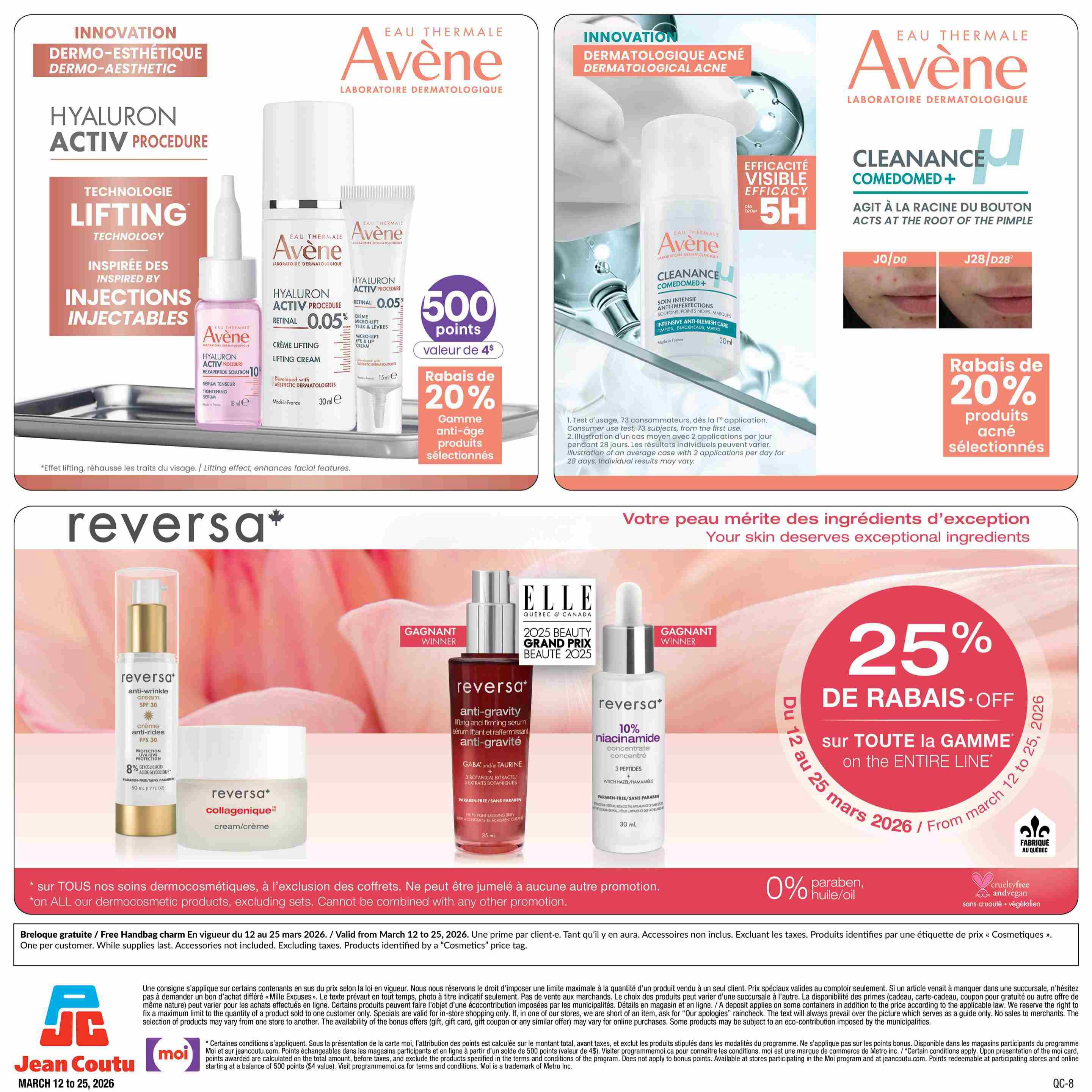Jean Coutu Beauty Book flyer, page 16 of 16. Features Avène Hyaluron Activ Procedure products including Lifting Cream and Micro-Lift Eye & Lip Cream, with 20% off selected anti-aging products and 500 points (value $4). Also highlights Avène Cleanance Comedomed+ Intensive Anti-Blemish Care with 20% off selected acne products. The Reversa line offers a 25% discount on the entire line from March 12 to March 25, 2026. Featured Reversa products include Anti-Wrinkle Cream SPF 30, Collagenique Cream, Anti-Gravity Lifting and Firming Serum, and 10% Niacinamide Concentrate. A free handbag is available with purchase from March 12 to 25, 2026, while supplies last. The page also notes 0% paraben and oil in some products and highlights cruelty-free and vegan certifications.