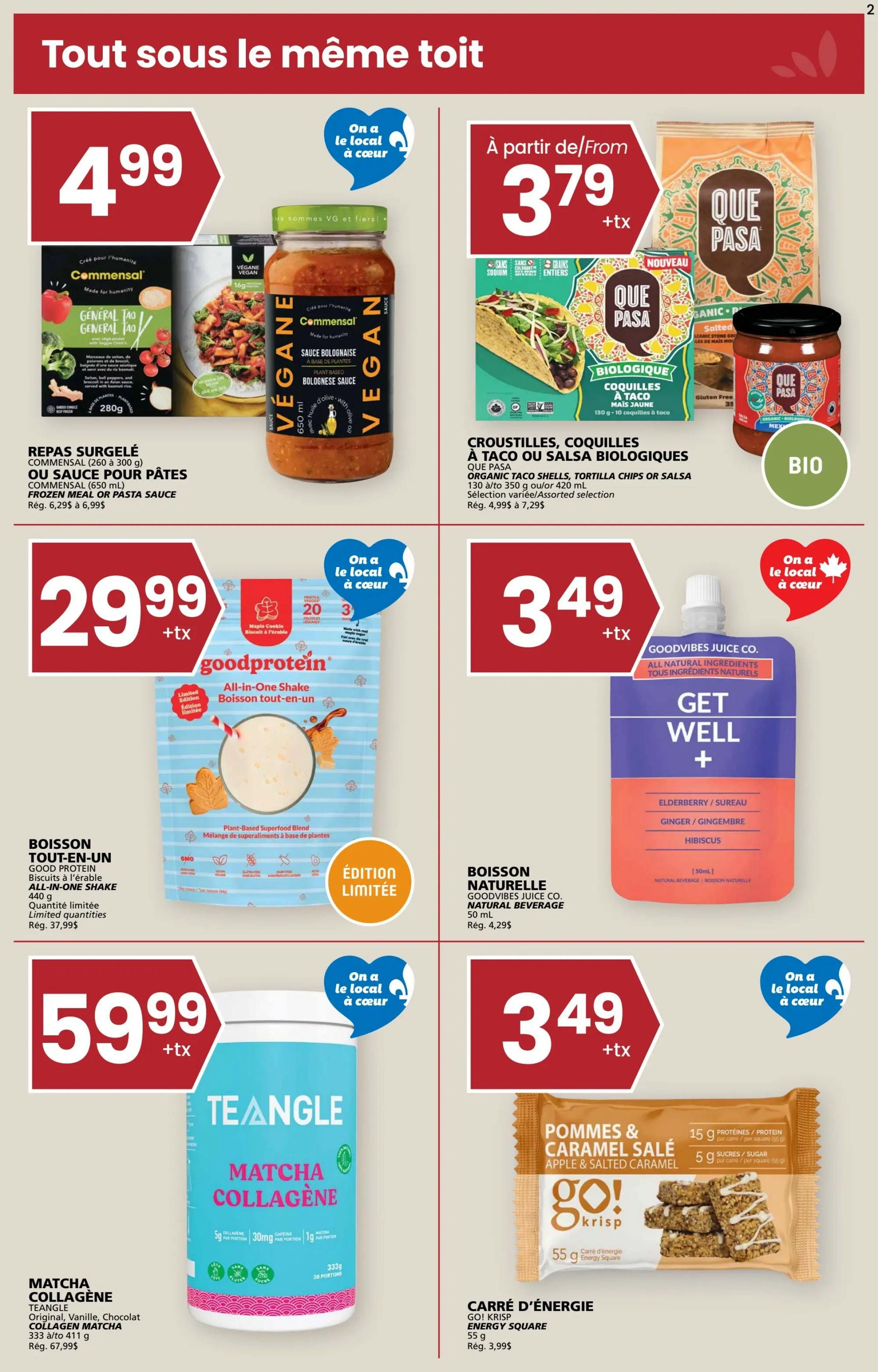 Rachelle Béry weekly flyer specials page 2. Featured products include Commensal frozen meals or pasta sauce for $4.99, Que Pasa organic taco shells, tortilla chips or salsa starting at $3.79, Goodprotein all-in-one shake for $29.99, Goodvibes Juice Co. natural beverage for $3.49, and Teangle Matcha Collagené for $59.99. Also on sale is Go! Krisp energy square for $3.49.