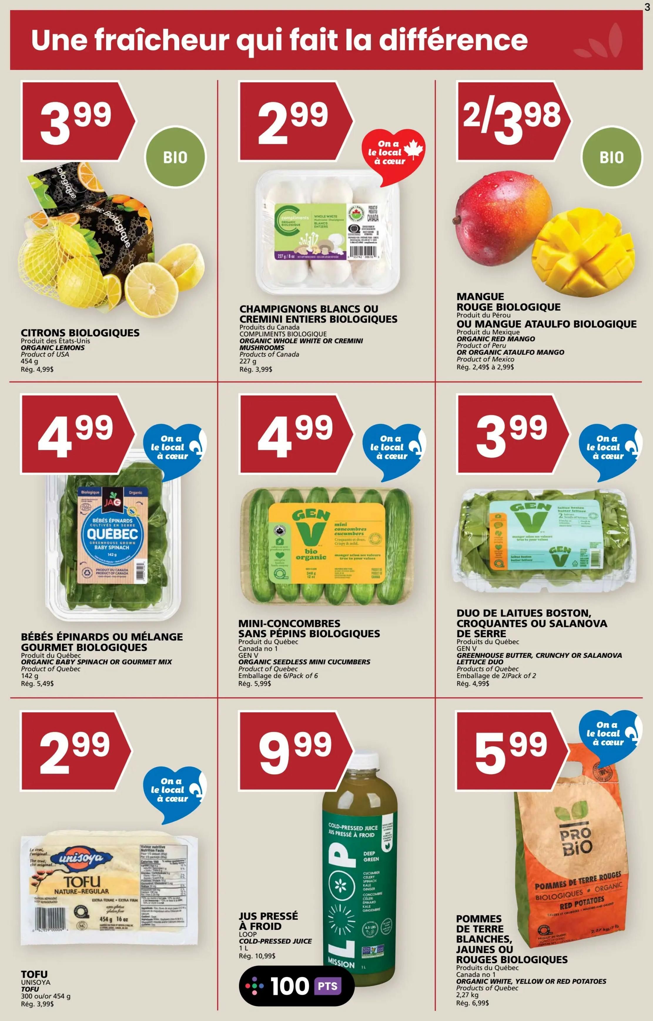 Rachelle Béry weekly flyer specials page 3 features a selection of fresh produce and organic items. Top row includes Organic Lemons for $3.99, Organic Whole White or Cremini Mushrooms for $2.99, and Organic Red Mango or Ataulfo Mango for 2 for $3.98. Middle row showcases Organic Baby Spinach or Gourmet Mix for $4.99, Organic Seedless Mini Cucumbers for $4.99, and Greenhouse Butter, Crunchy or Salanova Lettuce Duo for $3.99. Bottom row features Uniya Tofu for $2.99, Loop Cold-Pressed Juice for $9.99, and Organic White, Yellow or Red Potatoes for $5.99. Many items are highlighted as 'Bio' and 'On a local à cœur'.