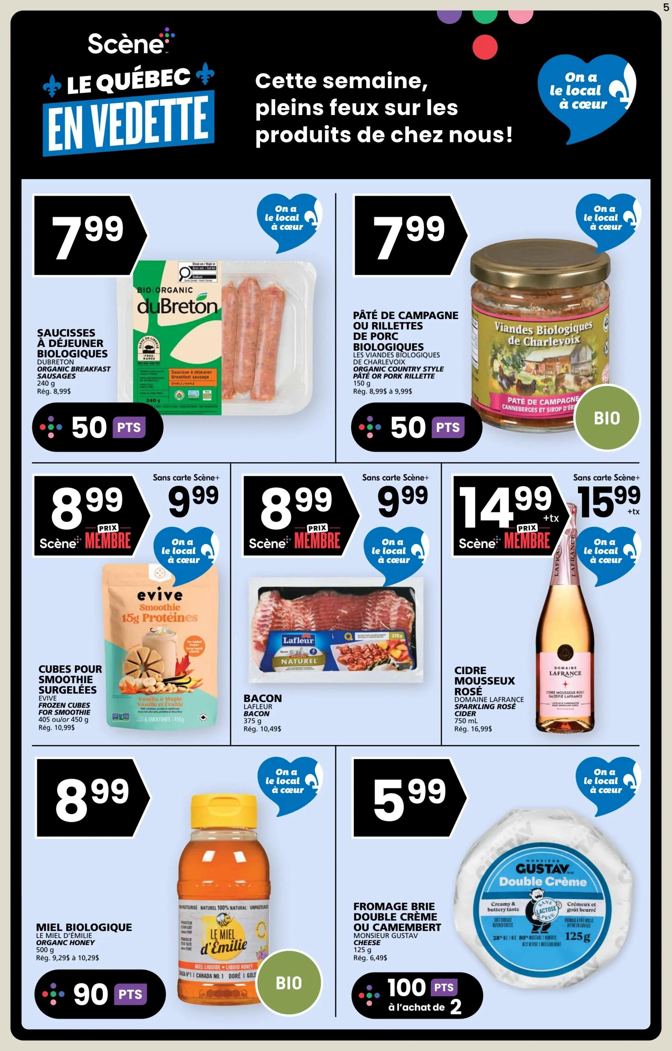 Rachelle Béry weekly flyer specials page 5 features 'Le Québec en Vedette' with deals on local products. Top row includes DuBreton Organic Breakfast Sausages for $7.99 with 50 bonus points, and Organic Country Style Pâté or Pork Rillette for $7.99 with 50 bonus points. Middle row showcases Evive Frozen Cubes for Smoothie at $8.99 (regular $10.99), Lafleur Bacon for $8.99 (regular $10.49), and Domaine Lafrance Sparkling Rosé Cider for $14.99 plus tax (regular $15.99). Bottom row features Le Miel D'Émilie Organic Honey for $8.99 with 90 bonus points, and Monsieur Gustav Double Crème Brie or Camembert Cheese for $5.99 with 100 bonus points when purchasing 2.