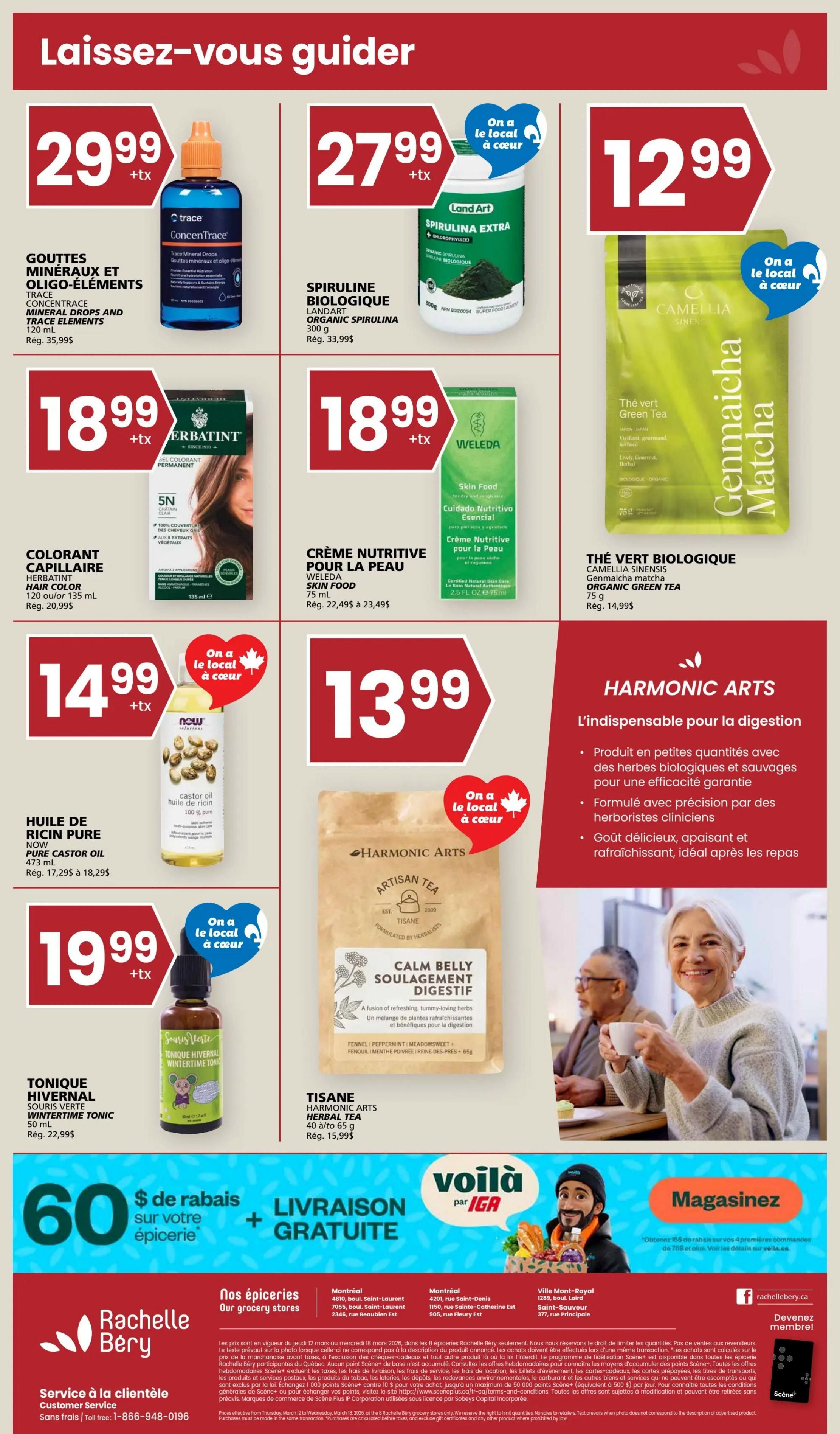 Rachelle Béry weekly flyer specials, page 9. Featured products include Trace Concentrace Mineral Drops and Oligo-Elements 120 ml for $29.99, Land Art Organic Spirulina 300 g for $27.99, Camellia Sinensis Genmaicha Matcha Organic Green Tea 75 g for $12.99, Herbatint Hair Color 120 ml or 135 ml for $18.99, Weleda Skin Food Cream 75 ml for $18.99, Now Pure Castor Oil 473 ml for $14.99, Harmonic Arts Calm Belly Digestive Herbal Tea 40 to 65 g for $13.99, and Sourire Verte Wintertime Tonic 50 ml for $19.99. The flyer also highlights a $60 rebate on grocery purchases plus free delivery, and a 'Magasinez' section with details on obtaining $5 off your first order. Store locations and customer service information are provided at the bottom.