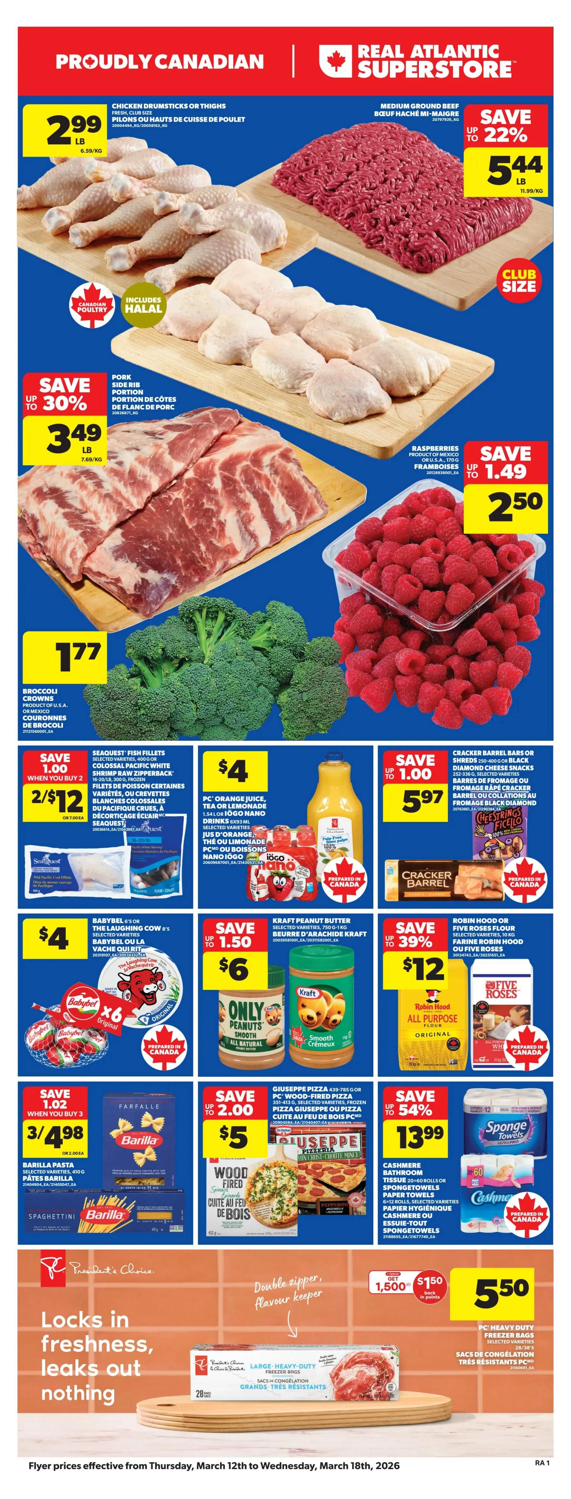 Atlantic Superstore Members Only specials page featuring exclusive savings. General Mills Cereal, family size, is $5.50 for members and $6 for non-members. Honey Nut Cheerios and Cinnamon Toast Crunch are shown. PC Frozen Fruit (300-600g) or Breyers Creamery Style Ice Cream (1.4L) or Popsicle Originals (12x60mL) are $4.50 for members, saving up to $1, and $5.50 for non-members. Schneiders Pepperettes, selected varieties (250-375g), are $8 for members, saving up to $4, and $12 for non-members. Tilda Pure Basmati Rice (10lb) is $12.99 for members, saving up to $6, and $18.99 for non-members. All offers require PC Optimum membership.