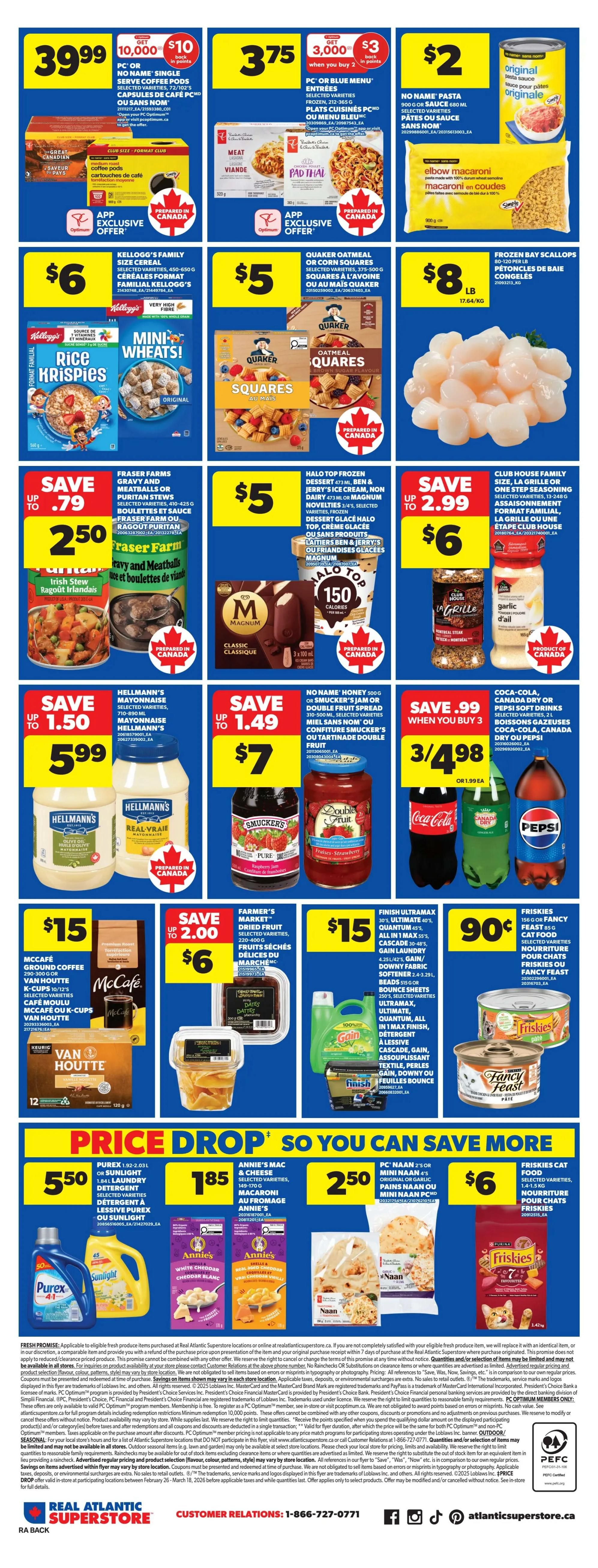 Atlantic Superstore weekly flyer specials page 4. Top row features PC® or No Name® single serve coffee pods for $3.99, PC® or Blue Menu® entrées for $3.75 when you buy 2, and No Name® pasta for $2. Club House family size or one step seasoning for $6. Frozen Bay scallops for $8/lb. Middle row includes Kellogg's Family Size Cereal for $6, Quaker Oatmeal or Corn Squares for $5, and Halo Top frozen dessert or Ben & Jerry's ice cream for $5. Fraser Farms gravy and meatballs or puritan stews are on sale for $2.50. Bottom row features Hellmann's mayonnaise for $5.99, Farmer's Market dried fruit for $6, and Coca-Cola, Canada Dry or Pepsi soft drinks for 3 for $4.98. Also shown are McCafe ground coffee or K-Cups for $15, and Finish Ultramax, Cascade, Gain laundry, or Downy fabric softener for $15. Friskies cat food is 90 cents. The bottom section highlights 'Price Drop' deals: Purex for $5.50, Annie's Mac & Cheese for $1.85, PC® Naan or Mini Naan for $2.50, and Friskies cat food for $6.