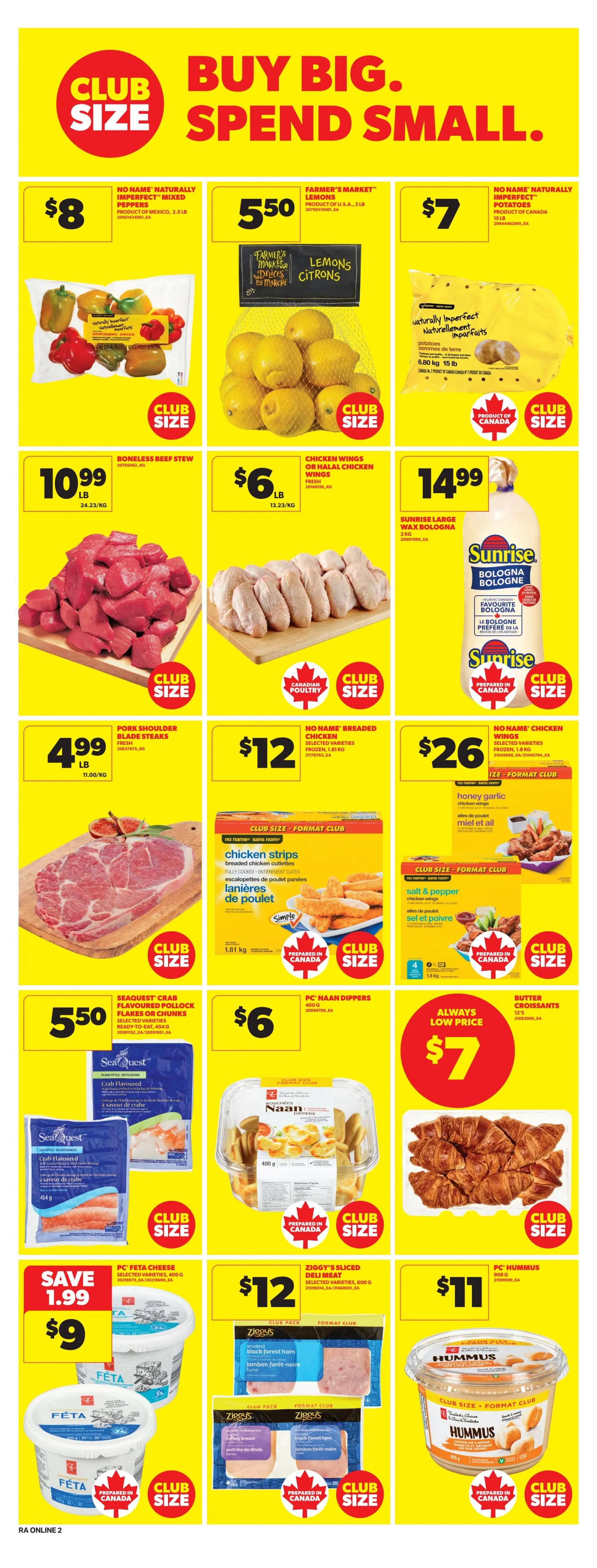 Atlantic Superstore weekly flyer specials page 10 features 'Buy Big. Spend Small.' deals. Offers include No Name Naturally Imperfect Mixed Peppers for $8, Farmer's Market Lemons for $5.50, and No Name Naturally Imperfect Potatoes for $7. Meat deals feature Boneless Beef Stew for $10.99/lb, Chicken Wings or Halal Chicken Wings for $6/lb, Sunrise Large Wax Bologna for $14.99, Pork Shoulder Blade Steaks for $4.99/lb, No Name Breaded Chicken Strips for $12, and No Name Chicken Wings (Honey Garlic or Salt & Pepper) for $26. Also available are Seaquest Crab Flavoured Pollock Flakes or Chunks for $5.50, PC Naan Dippers for $6, Butter Croissants for $7, PC Feta Cheese for $9 (save $1.99), Ziggy's Sliced Deli Meat for $12, and PC Hummus for $11. All featured items are Club Size.