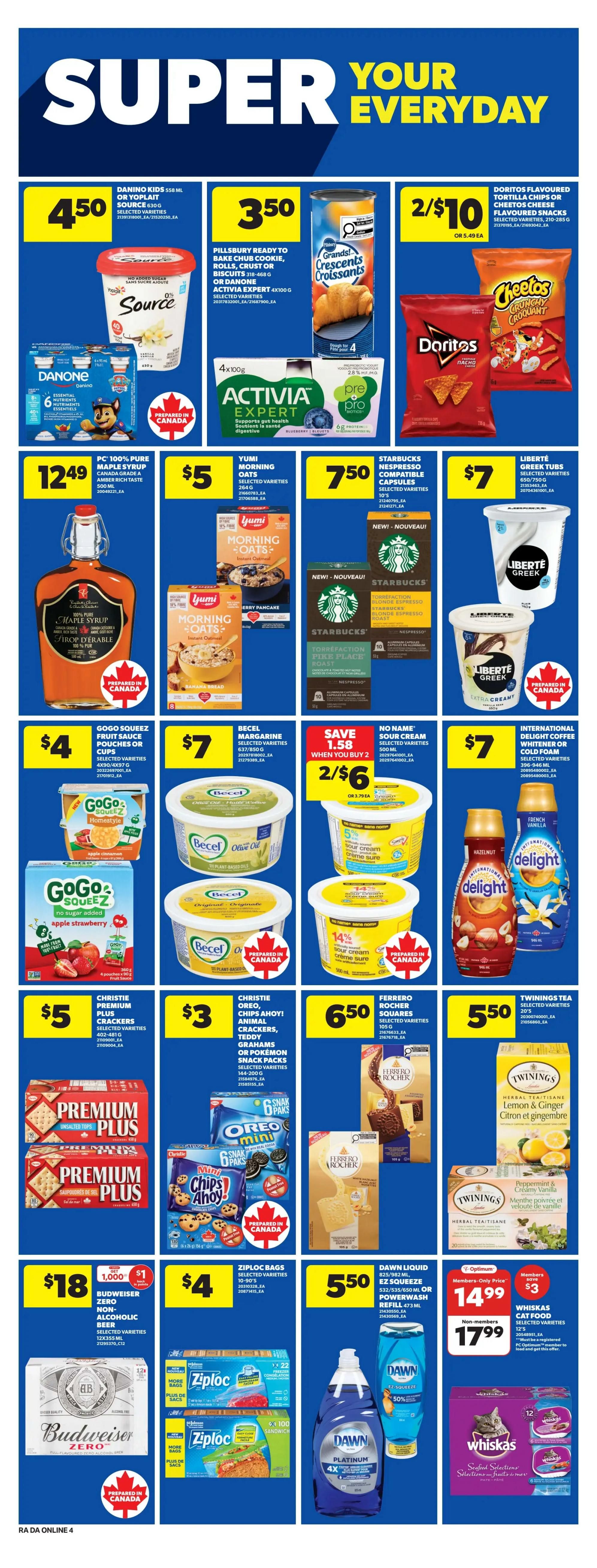 Atlantic Superstore weekly flyer specials page 12 features Danino Kids yogurt for $4.50, Pillsbury Ready to Bake Croissants and Activia Expert yogurt for $3.50, and Doritos Flavoured Tortilla Chips or Cheetos Flavoured Snacks for 2 for $10. Also available are PC 100% Pure Maple Syrup for $12.49, Yumi Morning Oats for $5, Starbucks Nespresso Compatible Capsules for $7.50, and Liberté Greek Tubs for $7. GoGo Squeez Fruit Sauce Pouches or Cups are $4, Becel Margarine is $7, and 'No Name' Sour Cream is 2 for $6. International Delight Coffee Creamer or Cold Foam is $7. Christie Premium Plus Crackers are $5, Christie Oreo, Chips Ahoy!, Animal Crackers, Teddy Grahams or Pokémon Snack Packs are $3, and Ferrero Rocher Squares are $6.50. Twinings Tea, Lemon & Ginger or Peppermint & Creamy Vanilla, is $5.50. Budweiser Zero Non-Alcoholic Beer is $18 for 12x355 mL. Ziploc Bags (10-90's) are $4. Dawn Liquid EZ Squeeze or Powerwash Refill is $5.50. Whiskas Cat Food is $14.99 for members and $17.99 for non-members.