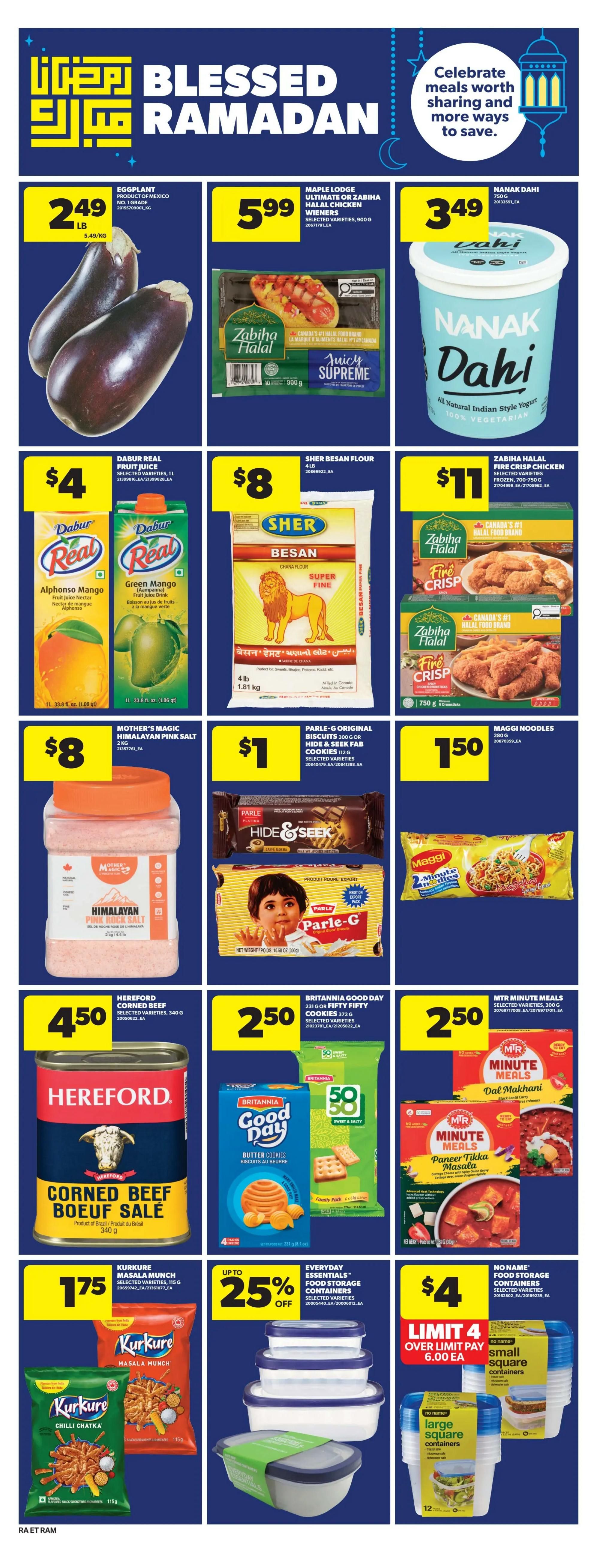Atlantic Superstore weekly flyer specials page 14 features a 'Blessed Ramadan' theme. Featured items include Eggplant for $2.49/lb, Maple Lodge Ultimate or Zabiha Halal Chicken Wieners for $5.99, and Nanak Dahi for $3.49. Also available are Dabur Real Fruit Juice for $4, Sher Besan Flour for $8, and Zabiha Halal Fire Crisp Chicken for $11. Mother's Magic Himalayan Pink Salt is $8, Parle-G Original Biscuits or Hide & Seek Fab Cookies are $1, and Maggi Noodles are $1.50. Hereford Corned Beef Sale is $4.50, Britannia Good Day or Fifty Fifty Cookies are $2.50, and MTR Minute Meals (Dal Makhani and Paneer Tikka Masala) are $2.50. Kurkure Masala Munch or Chilli Chatka are $1.75. Everyday Essentials Food Storage Containers are up to 25% off. No Name small and large square food storage containers are $4 each with a limit of 4.
