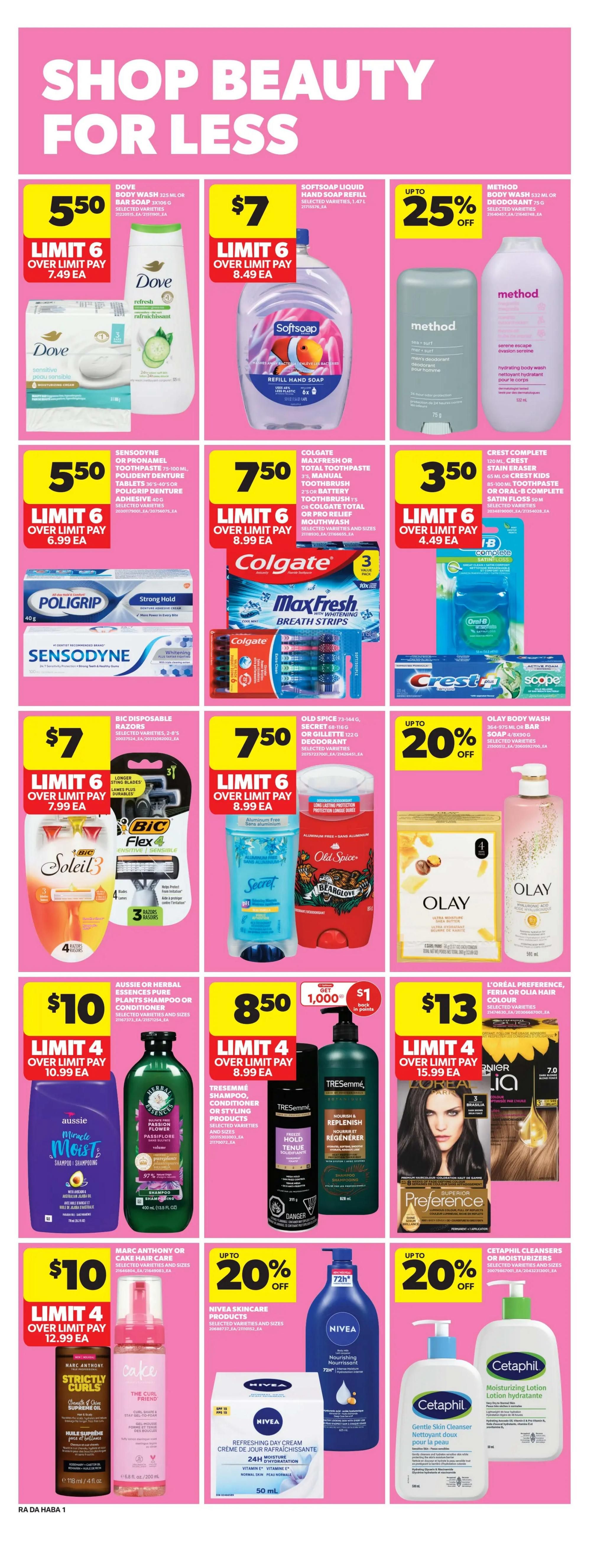 Atlantic Superstore weekly flyer specials page 17 features a 'Shop Beauty for Less' section. Deals include Dove Body Wash or Bar Soap for $5.50 (limit 6), Softsoap Liquid Hand Soap Refill for $7 (limit 6), and Method Body Wash or Deodorant with up to 25% off. Also featured are Sensodyne or Poligrip products for $5.50 (limit 6), Colgate MaxFresh Toothpaste or Toothbrush for $7.50 (limit 6), and Crest Complete Toothpaste or Floss for $3.50 (limit 6). Bic Disposable Razors are $7 (limit 6), Old Spice or Gillette Deodorant is $7.50 (limit 6), and Olay Body Wash is up to 20% off. Aussie or Herbal Essences Shampoo or Conditioner is $10 (limit 4), TRESemmé Shampoo, Conditioner, or Styling Products are $8.50 (limit 4) with a $1 back in points offer for every $1,000 spent. L'Oréal Preference, Féria, or Olia Hair Colour is $13 (limit 4). Marc Anthony or Cake Hair Care is $10 (limit 4), Nivea Skincare Products are up to 20% off, and Cetaphil Cleansers or Moisturizers are up to 20% off.