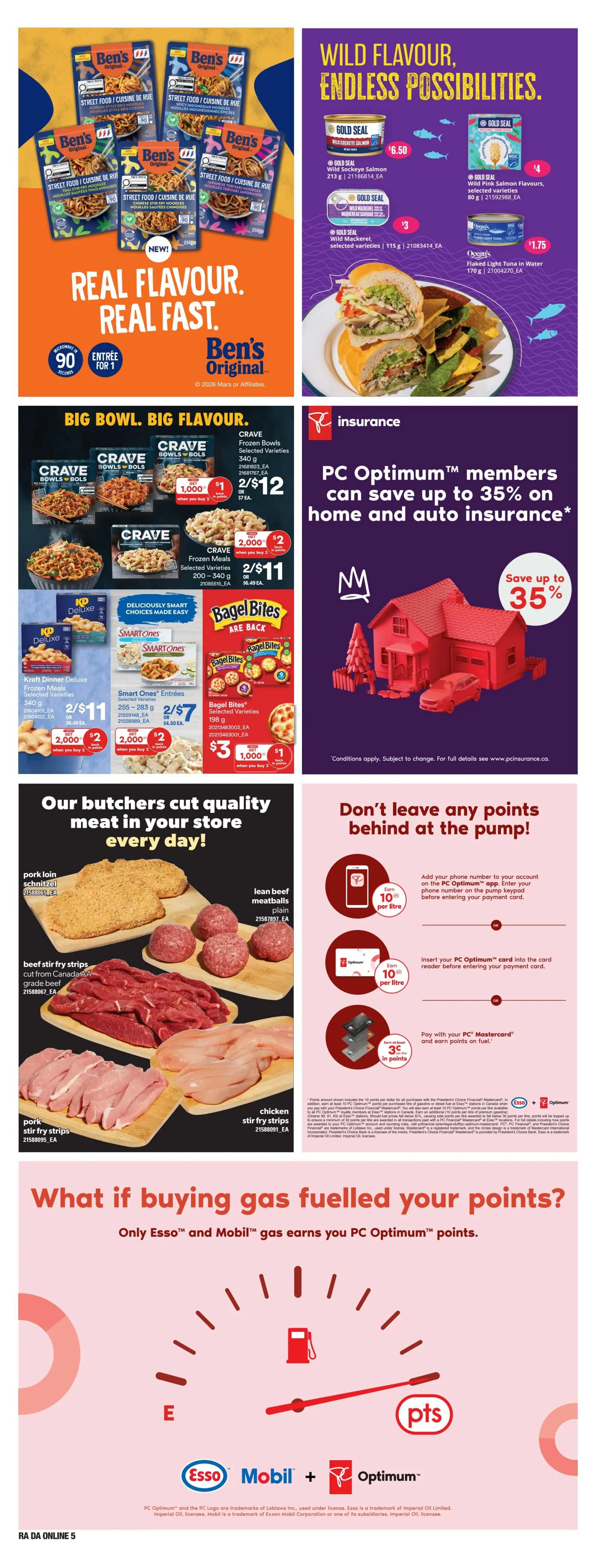 Atlantic Superstore weekly flyer specials page 19 featuring Ben's Original Street Food Bowls at 2 for $12, Crave Frozen Bowls and Meals with deals like 2 for $12 and 2 for $11, and Bagel Bites selected varieties for $3 when you buy 3. Also featured are Gold Seal Wild Sockeye Salmon for $6.50, Wild Pink Salmon Flavours for $4, Wild Mackerel for $3, and Ocean's Flaked Light Tuna for $1.75. The flyer highlights PC Optimum members saving up to 35% on home and auto insurance. Additionally, it showcases fresh meat cuts including pork loin schnitzel, lean beef meatballs, beef stir fry strips, pork stir fry strips, and chicken stir fry strips. The bottom section promotes earning PC Optimum points on fuel purchases at Esso and Mobil stations, offering 10 points per litre with the PC Optimum app or card, and 3.5 cents in points per litre with a PC Mastercard. The page also includes a section on how to earn points at the pump.