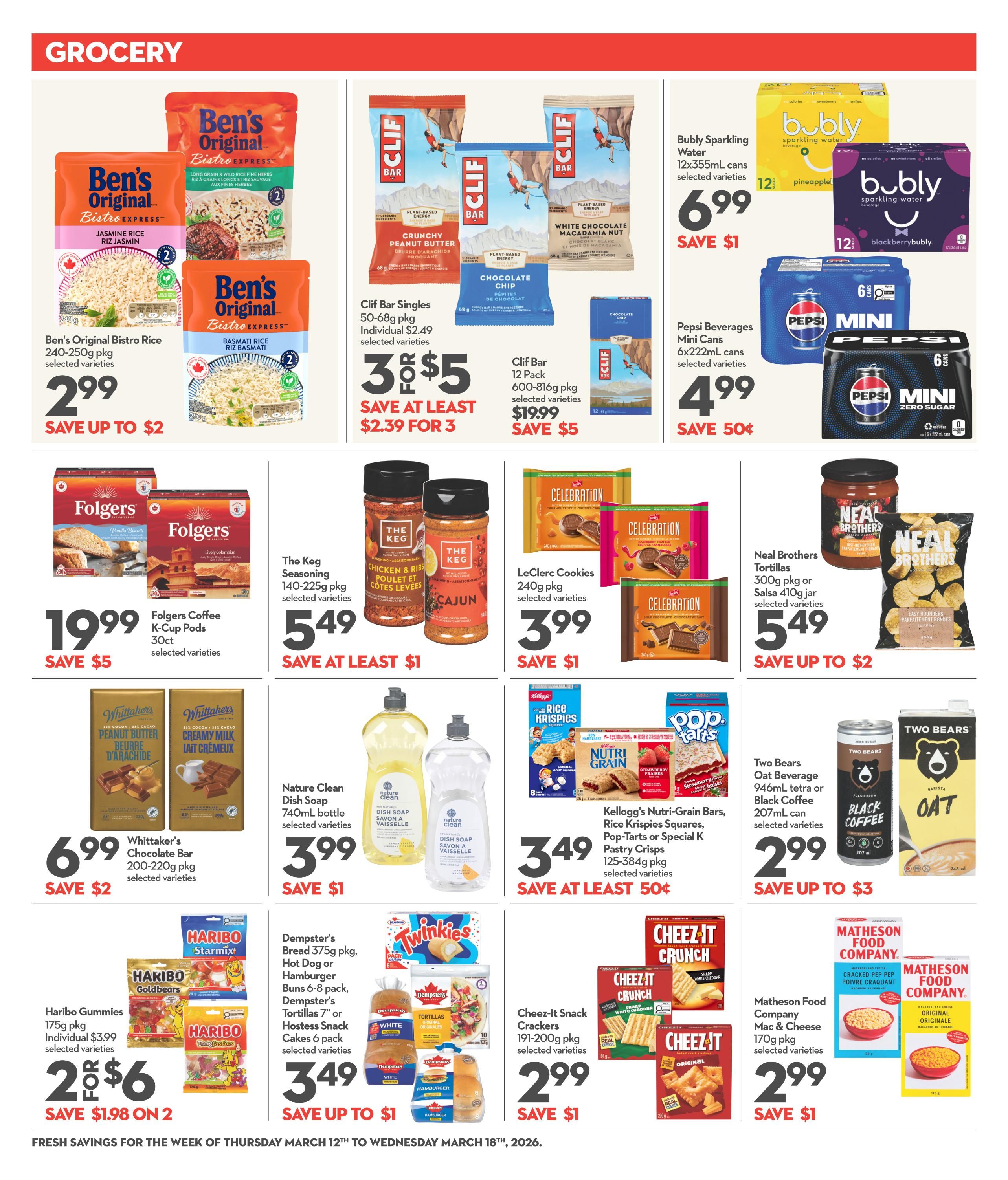 Longo's Grocery flyer page featuring Ben's Original Bistro Express Rice 240-250g pkg for $2.99, save up to $2. Clif Bar Singles 50-68g pkg for 3 for $5, save at least $2.39 for 3. Clif Bar 12 Pack 600-816g pkg for $19.99, save $5. Bubly Sparkling Water 12x355mL cans for $6.99, save $1. Pepsi Beverages Mini Cans 6x222mL cans for $4.99, save 50 cents. Folgers Coffee K-Cup Pods 30ct for $19.99, save $5. The Keg Seasoning 140-225g pkg for $5.49, save at least $1. LeClerc Cookies 240g pkg for $3.99, save $1. Neal Brothers Tortillas 300g pkg or Salsa 410g jar for $5.49, save up to $2. Whittaker's Chocolate Bar 200-220g pkg for $6.99, save $2. Nature Clean Dish Soap 740mL bottle for $3.99, save $1. Haribo Gummies 175g pkg for 2 for $6, save $1.98 on 2. Dempster's Bread 375g pkg, Hot Dog or Hamburger Buns 6-8 pack, Dempster's Tortillas 7' or Hostess Snack Cakes 6 pack for $3.49, save up to $1. Kellogg's Nutri-Grain Bars, Rice Krispies Squares, Pop-Tarts or Special K Pastry Crisps 125-384g pkg for $3.49, save at least 50 cents. Two Bears Oat Beverage 946mL tetra or Black Coffee 207mL can for $2.99, save up to $3. Cheez-It Snack Crackers 191-200g pkg for $2.99, save $1. Matheson Food Company Mac & Cheese 170g pkg for $2.99, save $1.