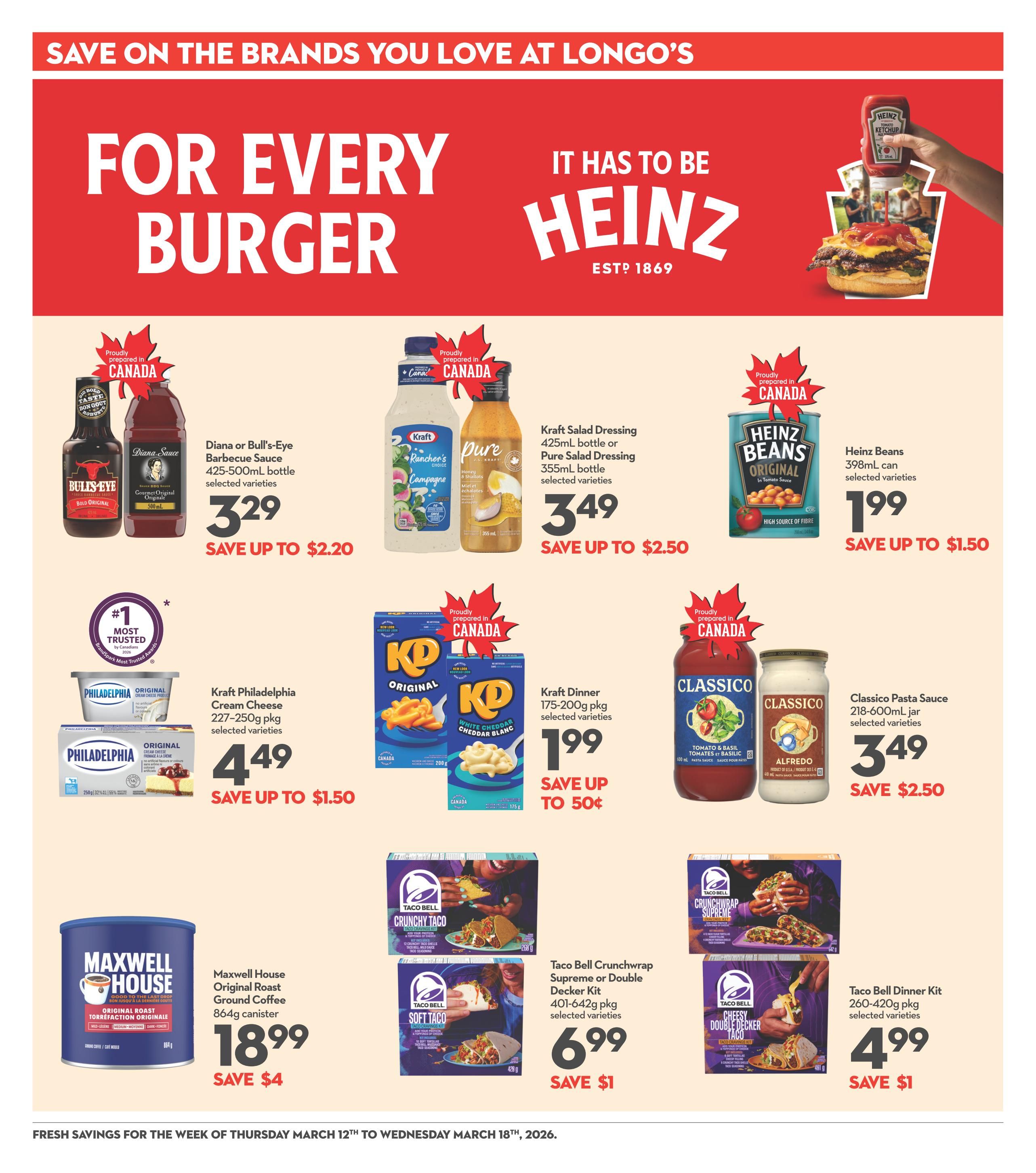Longo's weekly flyer specials page 18 features savings on Heinz products and other brands. Save up to $2.20 on Diana or Bull's-Eye Barbecue Sauce, 425-500mL bottles, for $3.29. Kraft Salad Dressing, 425mL bottle, or Pure Salad Dressing, 355mL bottle, selected varieties, are on sale for $3.49, save up to $2.50. Heinz Beans, 398mL can, selected varieties, are $1.99, save up to $1.50. Kraft Philadelphia Cream Cheese, 227-250g pkg, selected varieties, is $4.49, save up to $1.50. Kraft Dinner, 175-200g pkg, selected varieties, is $1.99, save up to $0.50. Classico Pasta Sauce, 218-600mL jar, selected varieties, is $3.49, save up to $2.50. Maxwell House Original Roast Ground Coffee, 864g canister, is $18.99, save $4. Taco Bell Crunchwrap Supreme or Double Decker Kit, 401-642g pkg, selected varieties, is $6.99, save $1. Taco Bell Dinner Kit, 260-420g pkg, selected varieties, is $4.99, save $1. Fresh savings are valid from Thursday, March 12th to Wednesday, March 18th, 2026.