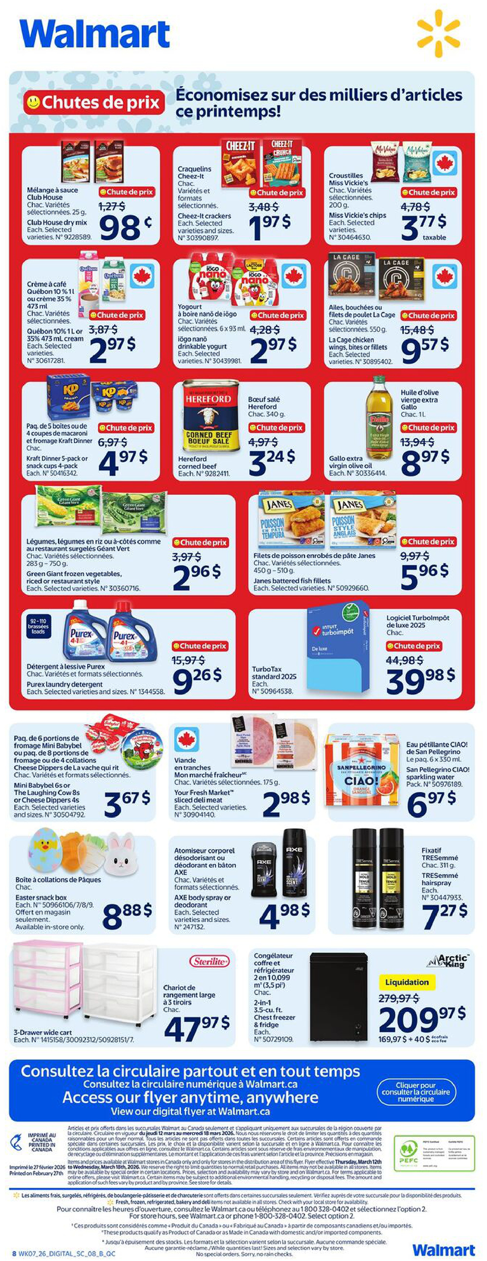 Walmart Canada weekly flyer specials page 2, featuring a variety of products on sale. Highlights include Club House dry mix for $0.98, Cheez-It crackers for $1.97, Miss Vickie's chips for $3.77, and Kraft Dinner 5-pack for $4.97. Also featured are Green Giant frozen vegetables for $2.96, Janes battered fish fillets for $5.96, and Purex laundry detergent for $9.26. Other deals include Hereford corned beef for $3.24, Gallo extra virgin olive oil for $8.97, and Iögo nanö drinkable yogurt for $2.97. For fresh options, Your Fresh Market sliced deli meat is $2.98, and La Cage chicken wings, bites or fillets are $9.57. Personal care items include Axe body spray or deodorant for $4.98 and TRESemmé hairspray for $7.27. Household items include a 3-drawer wide cart for $47.97 and a Sterilite 2-in-1 chest freezer & fridge for $209.97. San Pellegrino CIAO sparkling water is on sale for $6.97. The flyer also promotes accessing the digital flyer at Walmart.ca.