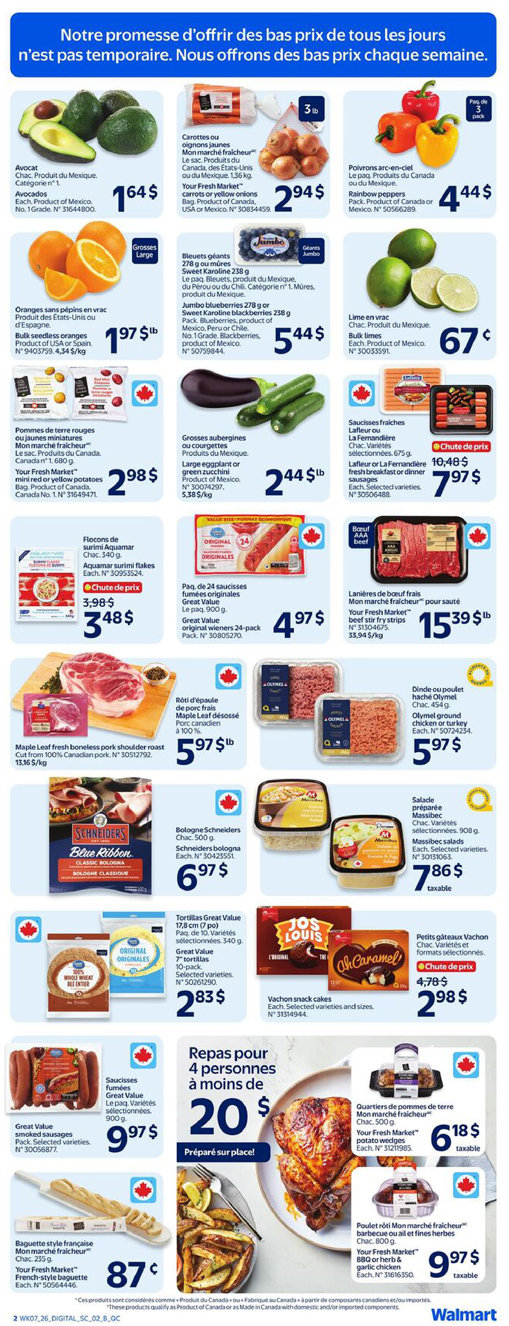 Walmart Canada weekly flyer specials page 6. Featured items include Avocados for $1.64, Your Fresh Market carrots or yellow onions for $2.94, Rainbow peppers for $4.44, Bulk seedless oranges for $1.97/lb, Jumbo blueberries or Sweet Karoline blackberries for $5.44, Bulk limes for $0.67/lb, Your Fresh Market mini red or yellow potatoes for $2.98/lb, Large eggplant or green zucchini for $2.44/lb, Great Value original 24-pack sausages for $4.97, Aquamar surimi flakes for $3.48, La Fernandière or La Famille fresh breakfast or dinner sausages on sale for $7.97, Your Fresh Market beef stir fry strips for $15.39/lb, Maple Leaf boneless pork shoulder roast for $5.97/lb, Olymel ground chicken or turkey for $5.97, Schneiders bologna for $6.97, Massibec salads for $7.86 taxable, Great Value 7-tortillas pack for $2.83, Vachon snack cakes for $2.98, Great Value smoked sausages for $9.97, Your Fresh Market French-style baguette for $0.87, a 'Meals for 4 for under $20' special featuring rotisserie chicken and potato wedges, Your Fresh Market potato wedges for $6.18 taxable, and Your Fresh Market BBQ or herb & garlic chicken for $9.97 taxable.