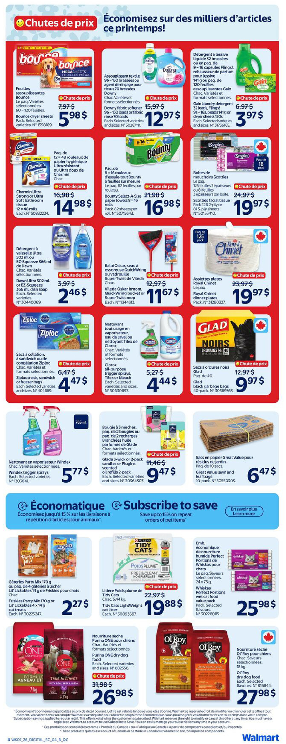 Walmart Canada weekly flyer specials page 8 features a variety of household and pet products. Deals include Bounce dryer sheets for $5.98, Downy fabric softener for $12.97, Gain laundry detergent for $3.97, and Bounty paper towels for $16.98. Also featured are Charmin bathroom tissue for $14.98, Scotties facial tissue for $19.97, Dawn dish soap for $2.46, Vileda brooms and mops for $11.67, Clorox all-purpose cleaner for $4.44, Royal Chinet dinner plates for $19.97, Glad black garbage bags for $9.97, Windex trigger sprays for $5.77, and Glad candles or plugins for $9.47. Pet product savings include Friskies Party Mix or Lil' Lickables cat treats for $2.27, Poids Plume cat litter for $19.88, Whiskas Perfect Portions wet cat food for $25.98, Purina ONE dry dog food for $26.98, and Ol' Roy dry dog food for $27.98. The page also highlights 'Économatique' savings up to 15% on repeat orders of pet items and a 'Subscribe to Save' option.