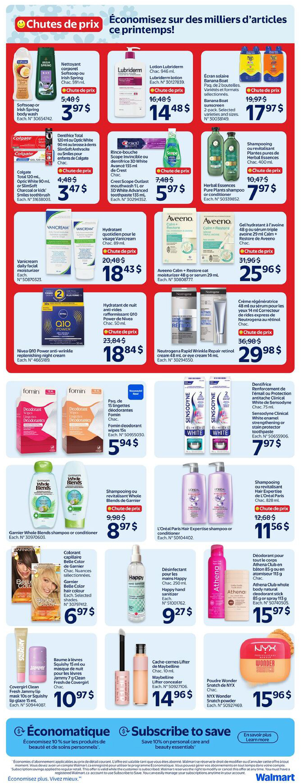 Walmart Canada weekly flyer specials page 10 featuring spring savings on beauty and personal care items. Offers include Softsoap or Irish Spring body wash for $3.97, Lubriderm lotion for $14.48, and Banana Boat sunscreen 2-pack for $17.97. Also featured are Colgate Total toothpaste or kids' toothbrushes for $3.47, Crest Scope mouthwash or toothpaste for $5.97, and Herbal Essences shampoo or conditioner for $7.97. Vanicream daily facial moisturizer is $18.43, Aveeno Calm + Restore moisturizer is $25.96, Nivea Q10 Power anti-wrinkle replenishing night cream is $18.84, and Neutrogena Rapid Wrinkle Repair retinol cream is $29.98. Fomin deodorant wipes are $5.94, Sensodyne Clinical White toothpaste is $7.97, Garnier Whole Blends shampoo or conditioner is $8.97, and L'Oréal Paris Hair Expertise shampoo or conditioner is $11.56. Other deals include Garnier Belle Color hair colour for $6.97, Happy hand sanitizer for $9.27, Athena Club whole body natural deodorant stick or spray for $15.97, Covergirl Clean Fresh lip mask or lip glaze is $10.97, Maybelline Lifter concealer is $14.96, and NYX Wonder Snatch powder for $15.96. The bottom of the page highlights 'Économatique' and 'Subscribe to Save' offers, providing 10% off personal care and beauty essentials when subscribed.