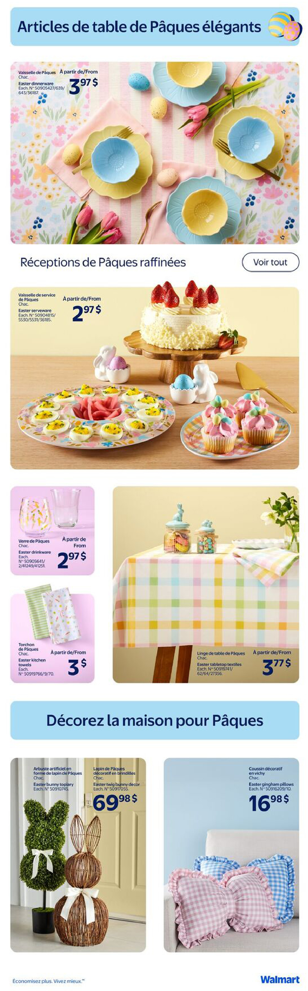 Walmart Canada flyer page 14 featuring elegant Easter table articles and home decor. Offers include Easter dinnerware starting at $3.97, Easter serveware starting at $2.97, Easter drinkware starting at $2.97, and Easter kitchen towels for $3. Decorate your home for Easter with an Easter bunny topiary for $69.98, an Easter twig bunny decor for $16.98, and gingham pillows starting at $16.98.