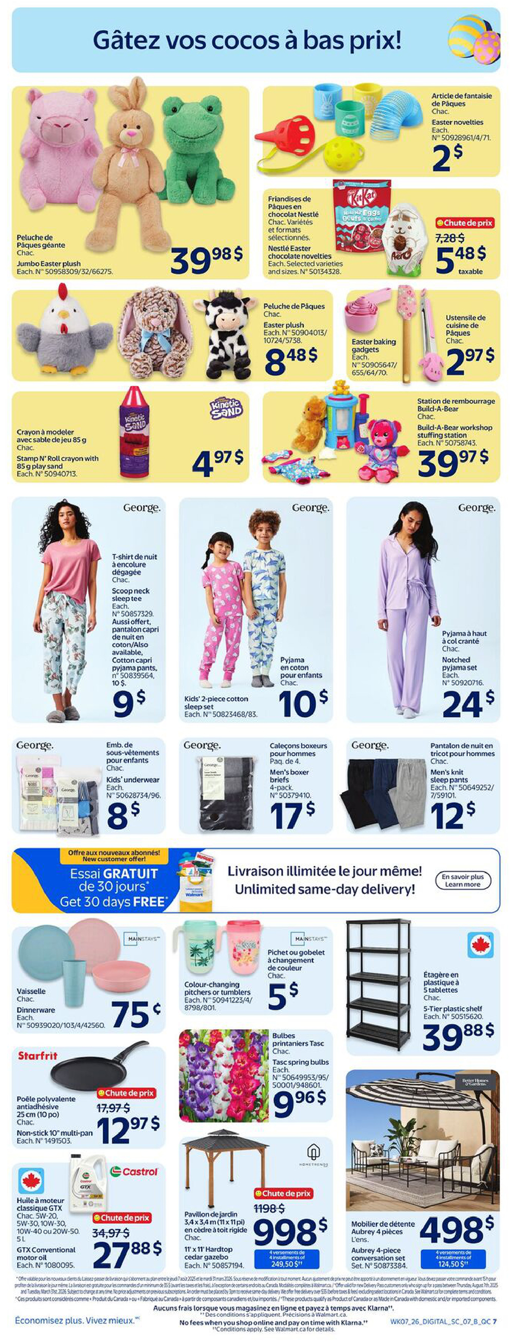 Walmart Canada weekly flyer specials page 15 features a variety of Easter and home goods. Top section includes Jumbo Easter plush toys for $39.98, Nestlé Easter chocolate novelties for $2, and Easter novelty toys for $2. Also featured are Kinetic Sand Stamp 'n Roll crayon with 85 g play sand for $4.97, and a Build-A-Bear workshop stuffing station for $39.97. George. brand items include a women's sleep tee and capri pants, kids' 2-piece cotton sleep sets for $10, kids' underwear for $8, men's boxer briefs 4-pack for $17, men's knit sleep pants for $12, and a women's notched pajama set for $24. Mainstays brand offers dinnerware for $0.75, colour-changing pitchers or tumblers for $5, and a 5-tier plastic shelf for $39.88. Starfrit features a non-stick 10' multi-pan for $12.97. Castrol GTX Conventional motor oil is on sale for $27.88. Outdoor items include Tasc spring bulbs for $9.96, an 11' x 11' Hardtop cedar gazebo for $998 (originally $1198), and an Aubrey 4-piece conversation set for $498. The flyer also highlights a 'Get 30 days FREE' offer for new customers and unlimited same-day delivery.