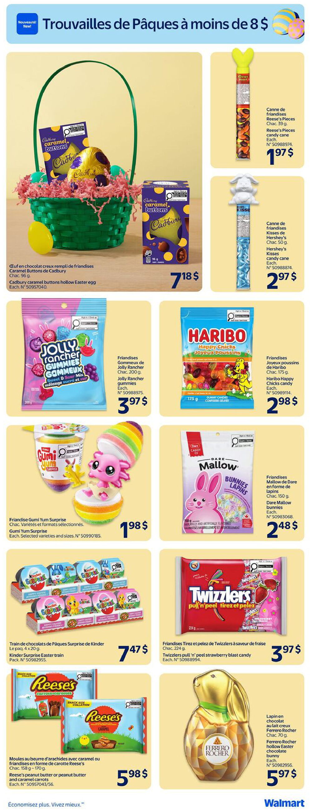 Walmart Canada flyer page 16 featuring Easter treats. Highlights include Cadbury caramel buttons hollow Easter egg for $7.18, Reese's Pieces candy cane for $1.97, and Hershey's Kisses candy cane for $2.97. Also featured are Jolly Rancher gummies for $3.97, Haribo Happy Chicks gummies for $2.98, Gumi Yum Surprise toys for $1.98, and Dare Mallow Bunnies for $2.48. Kinder Surprise Easter train packs are $7.47. Reese's peanut butter or peanut butter and caramel carrots are $5.98. Twizzlers pull 'n' peel strawberry blast candy is $3.97. Finally, a Ferrero Rocher hollow chocolate bunny is available for $5.97. The page title is 'Easter Finds for under $8'.